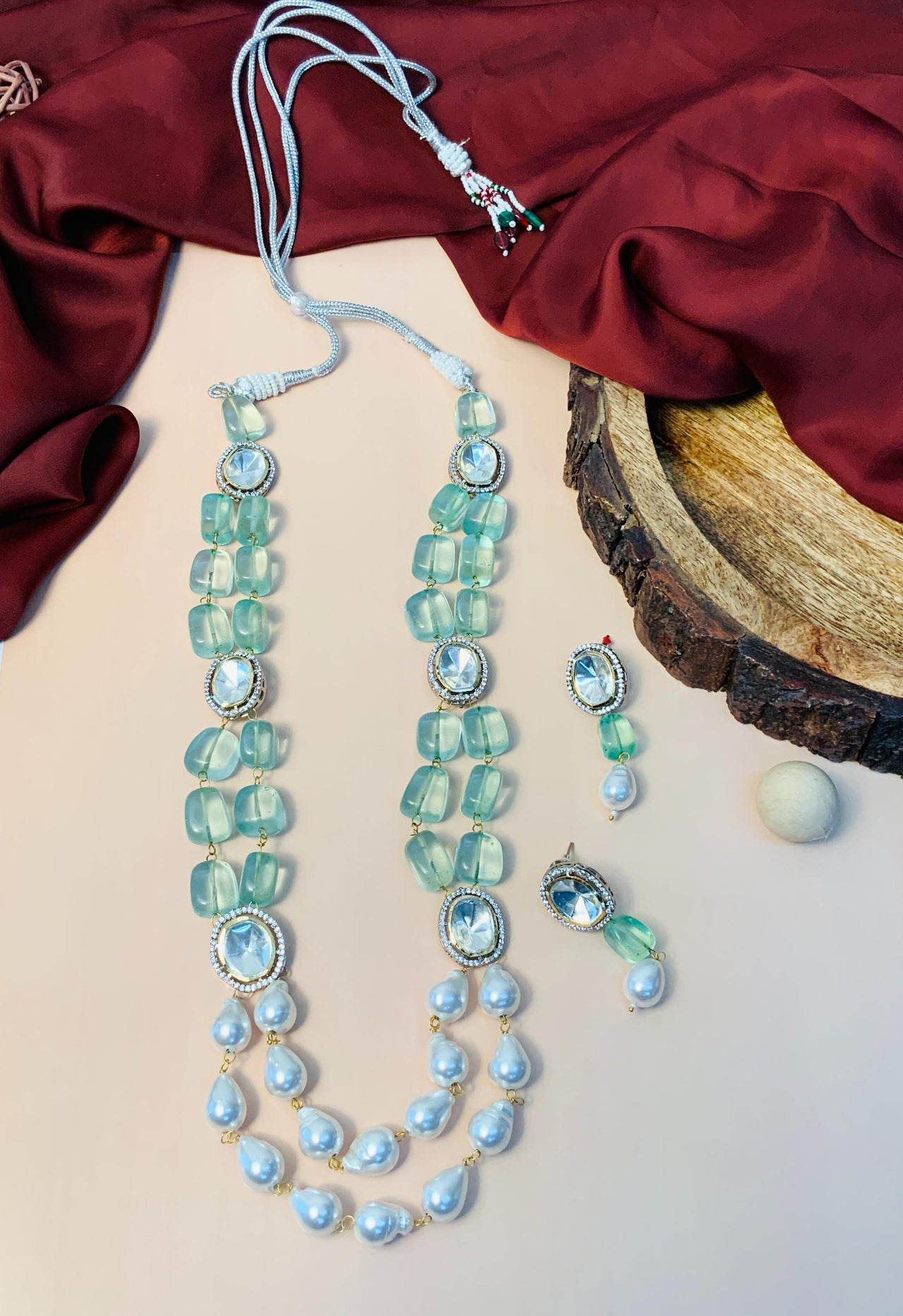 Polki Kundan Light Green Beads White Pearl Layer Mala