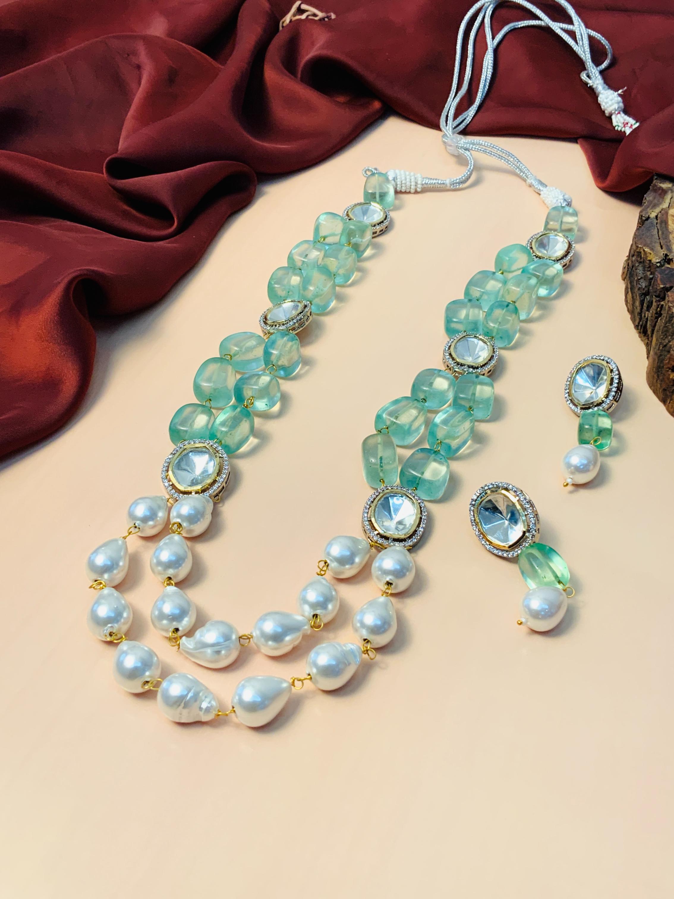 Polki Kundan Light Green Beads White Pearl Layer Mala