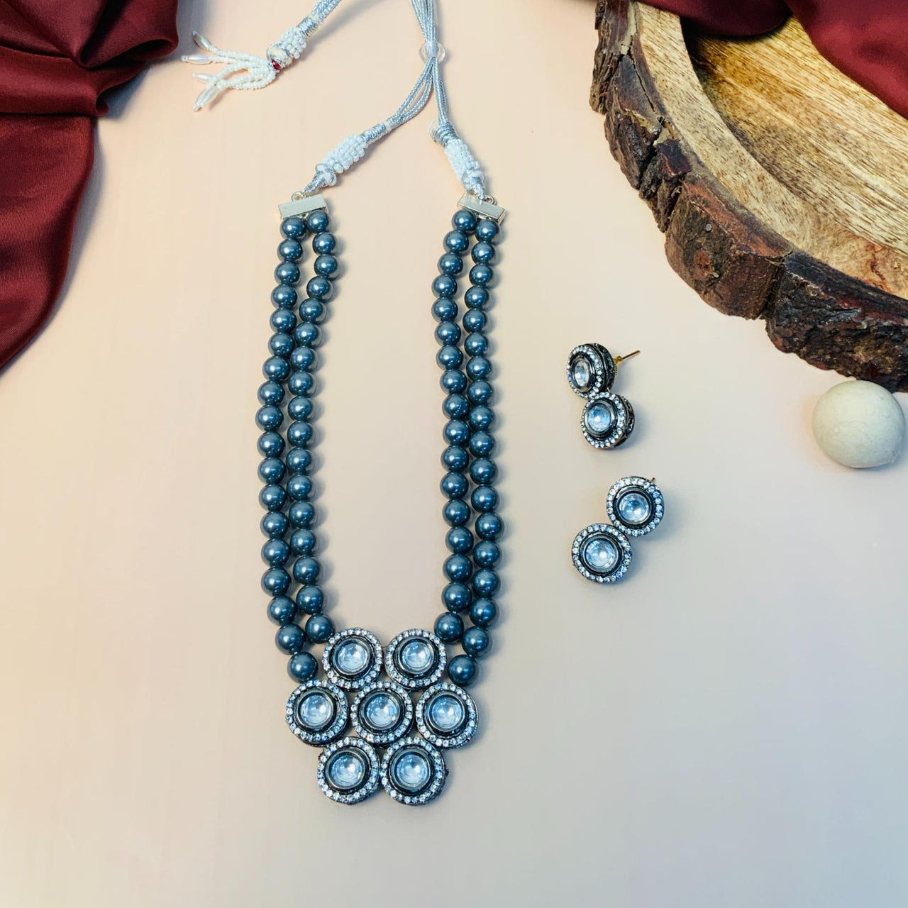Statement Victorian Floral Polki Necklace With Grey Pearls