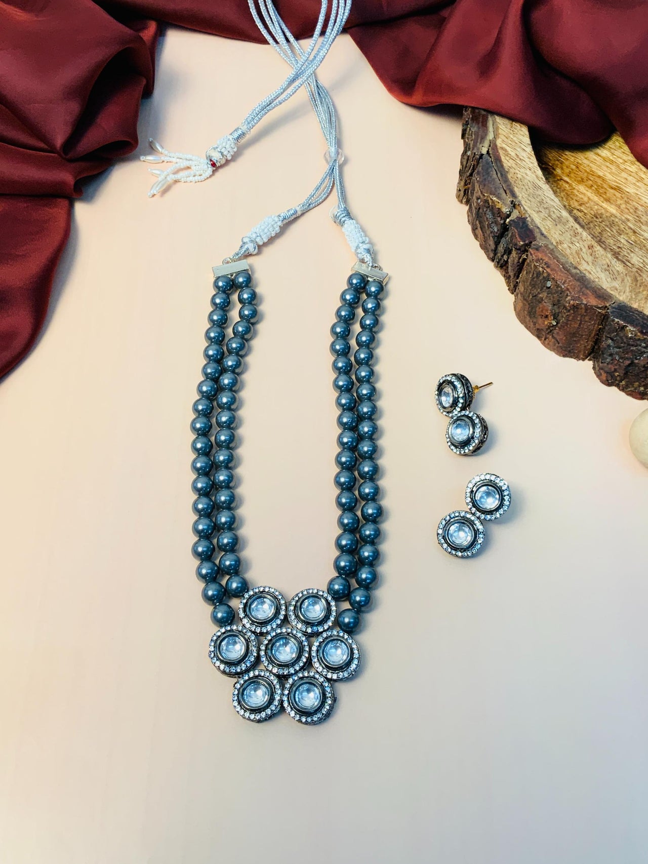 Statement Victorian Floral Polki Necklace With Grey Pearls