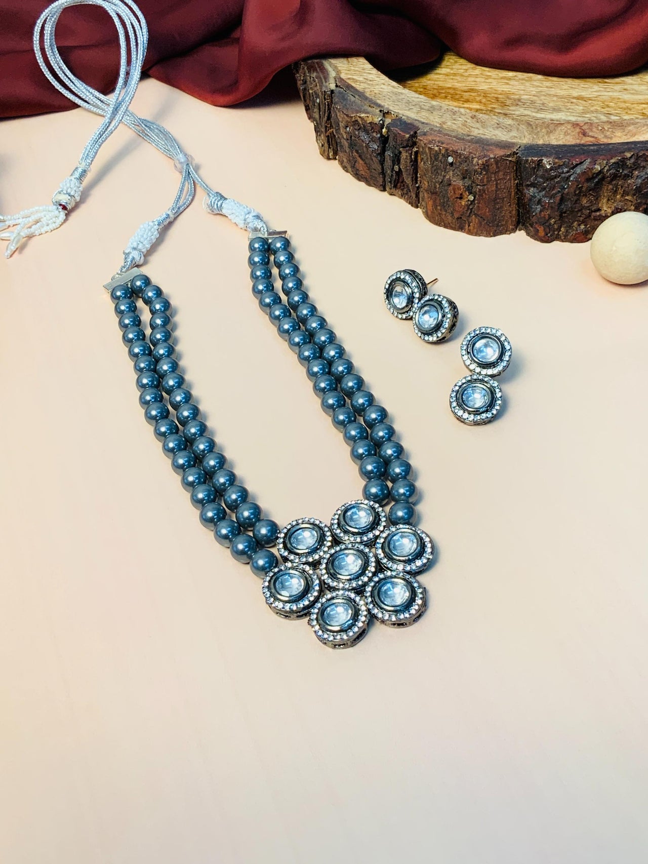 Statement Victorian Floral Polki Necklace With Grey Pearls