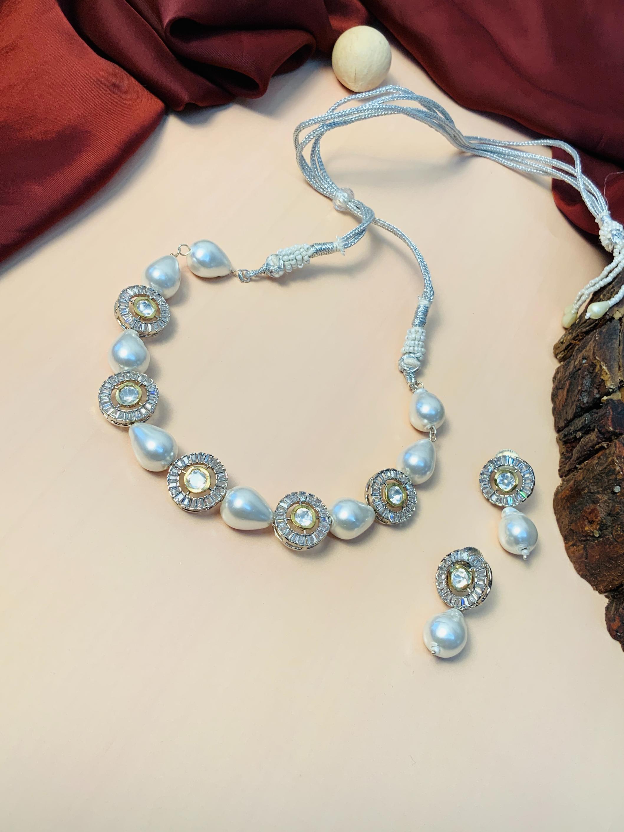 Charming Uncut Polki AD Silver Plated Pearl Chocker Necklace - Abdesignsjewellery