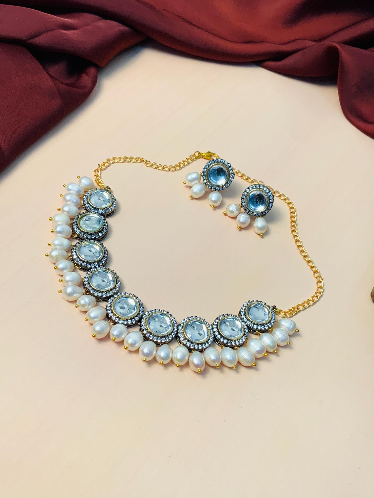 Stunning Uncut Gold Plated Pearl Chocker Necklace - Abdesignsjewellery