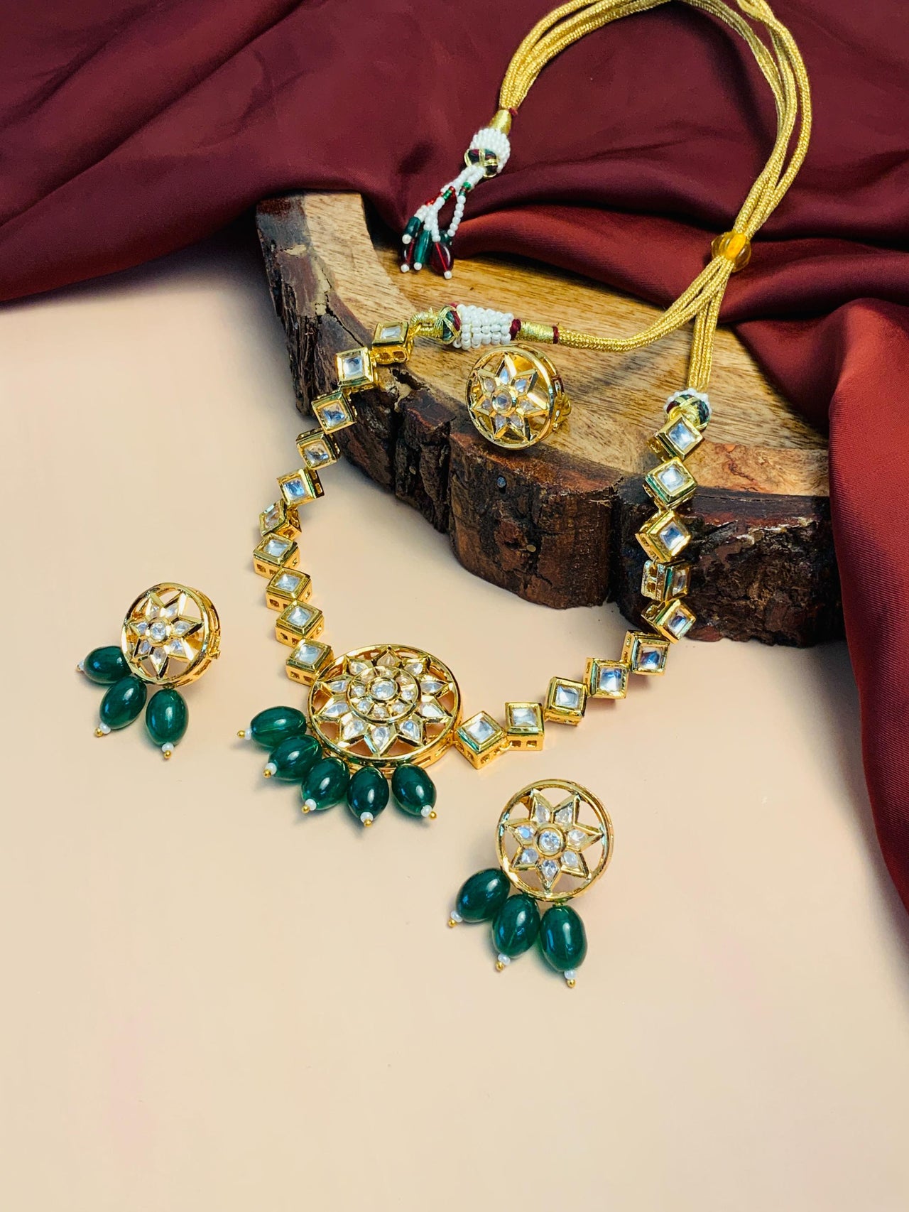 Stunning Gold Plated Kundan Studded Necklace Set Ring