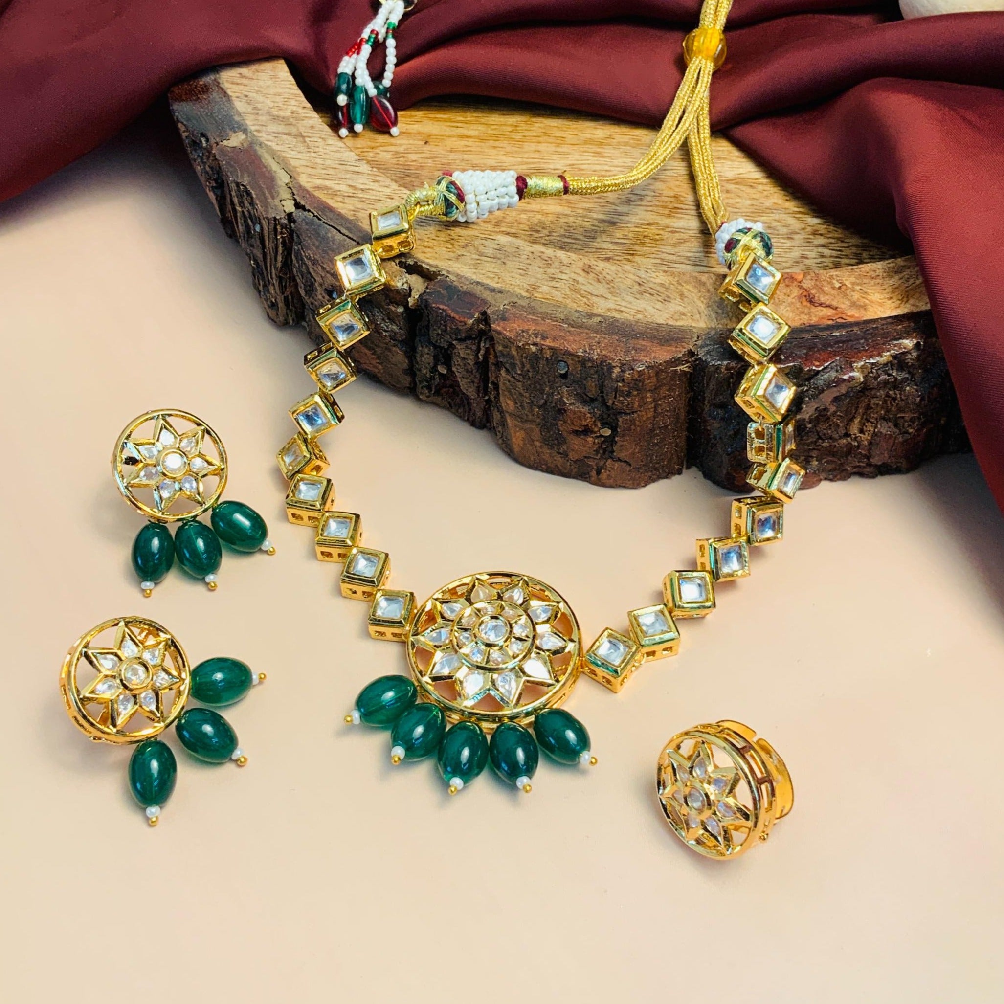 Stunning Gold Plated Kundan Studded Necklace Set Ring