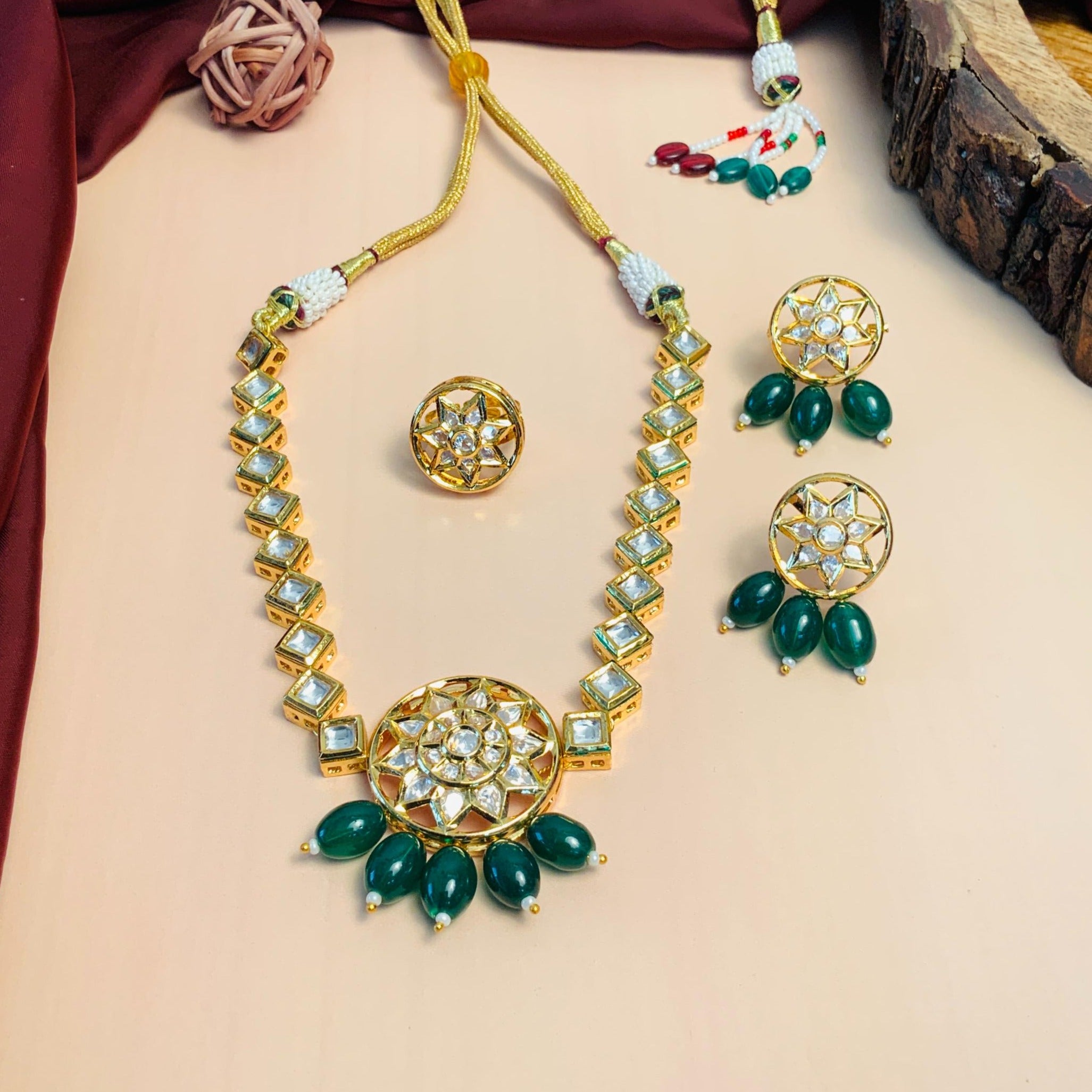 Stunning Gold Plated Kundan Studded Necklace Set Ring