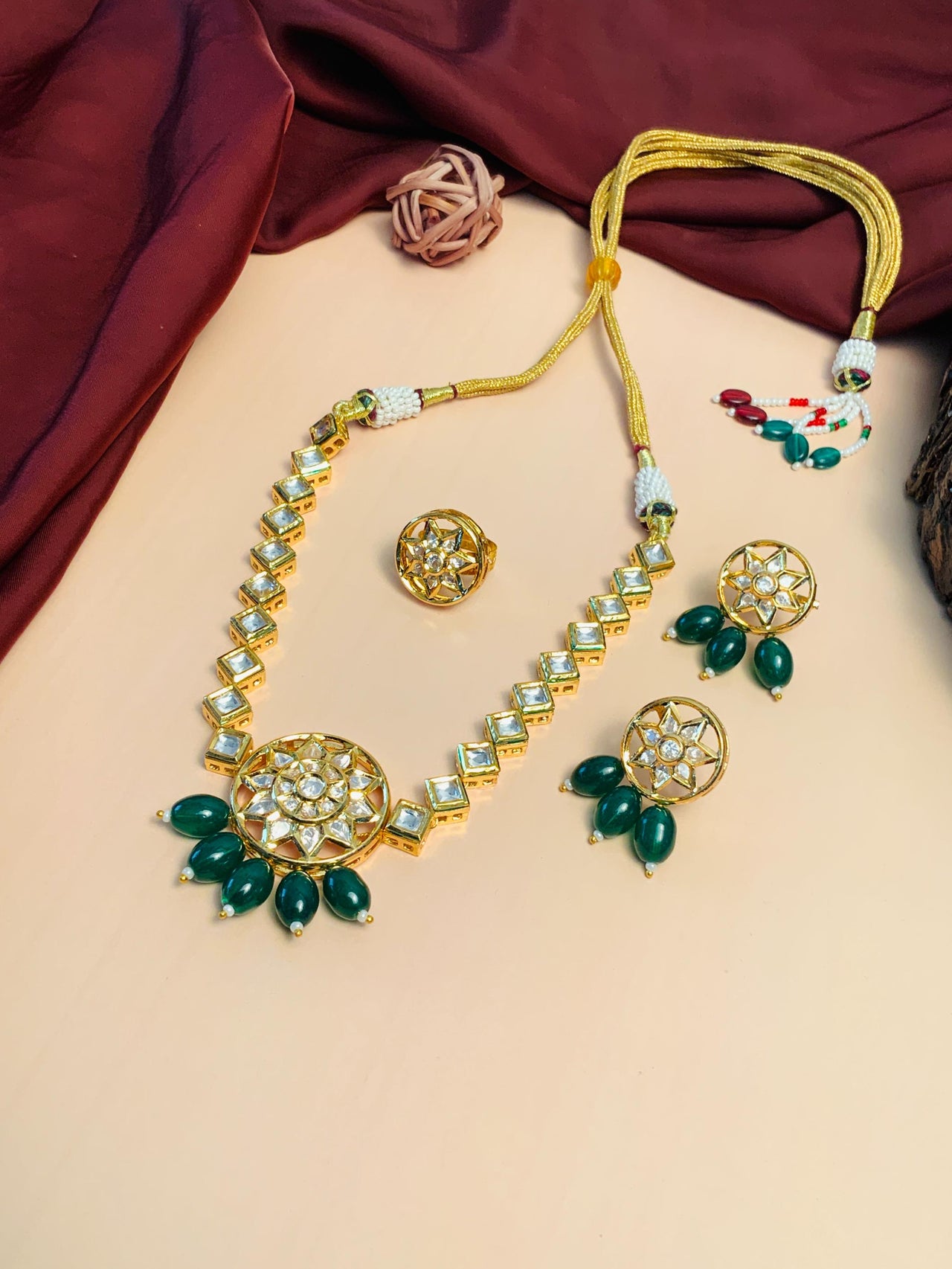 Stunning Gold Plated Kundan Studded Necklace Set Ring