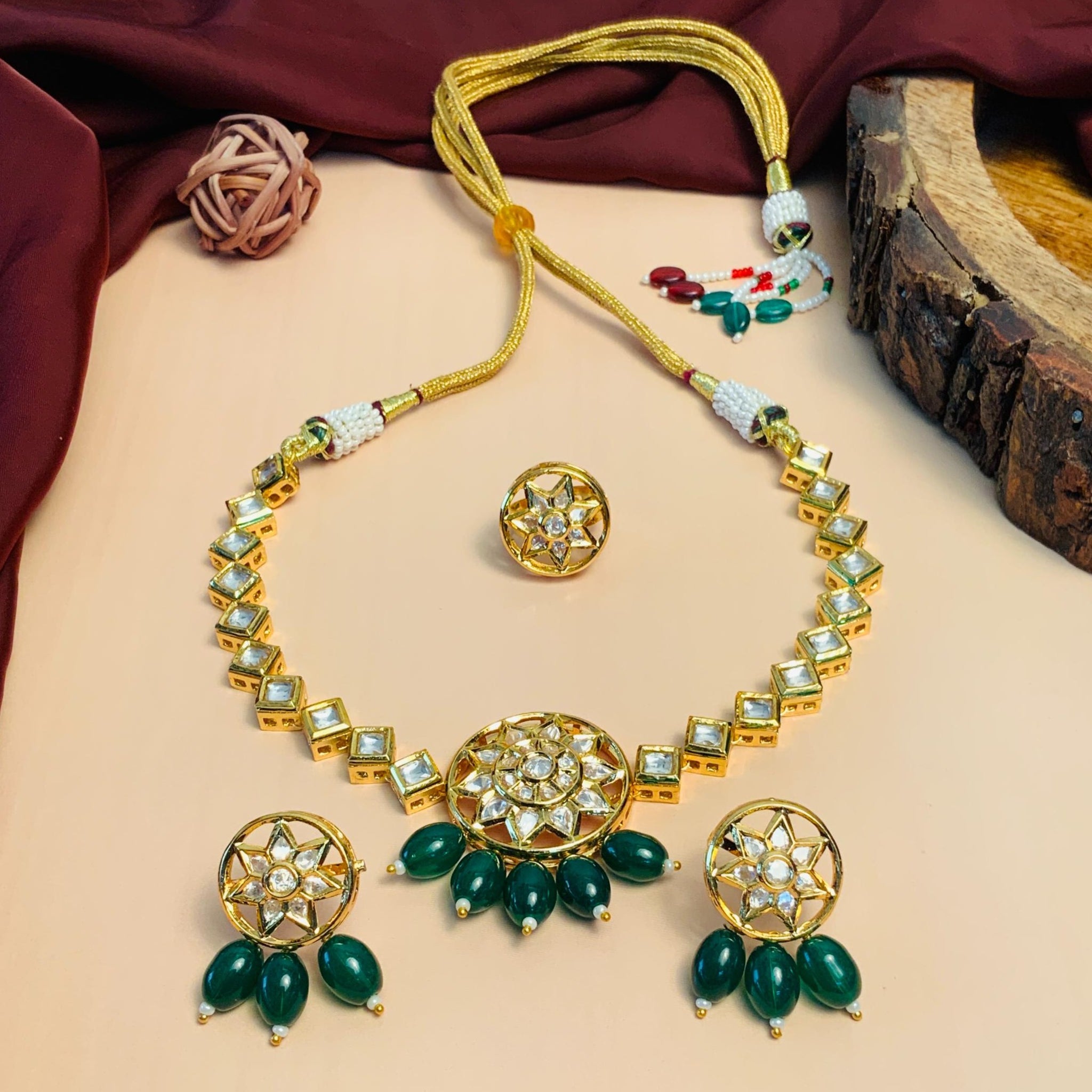 Stunning Gold Plated Kundan Studded Necklace Set Ring
