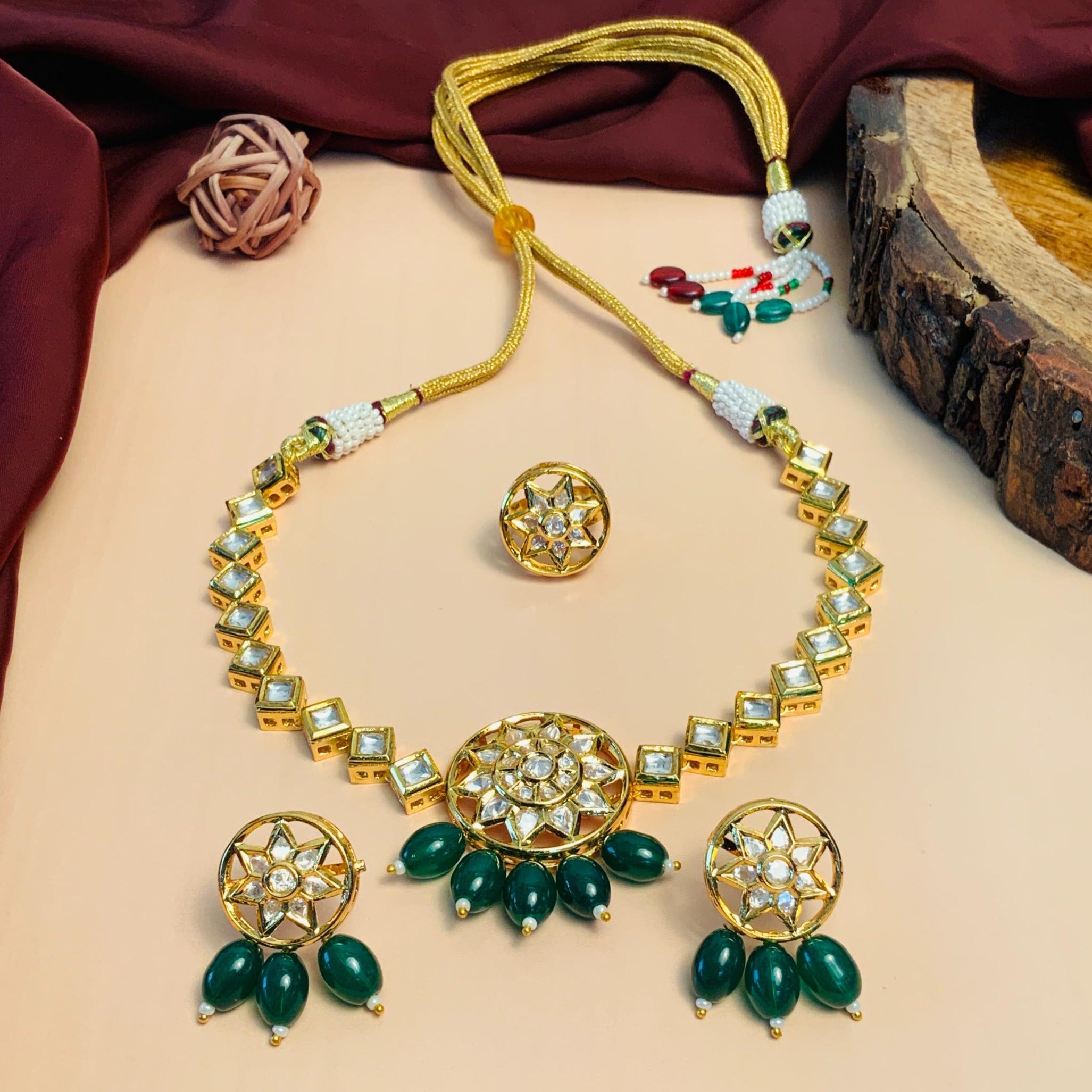Stunning Gold Plated Kundan Studded Necklace Set Ring