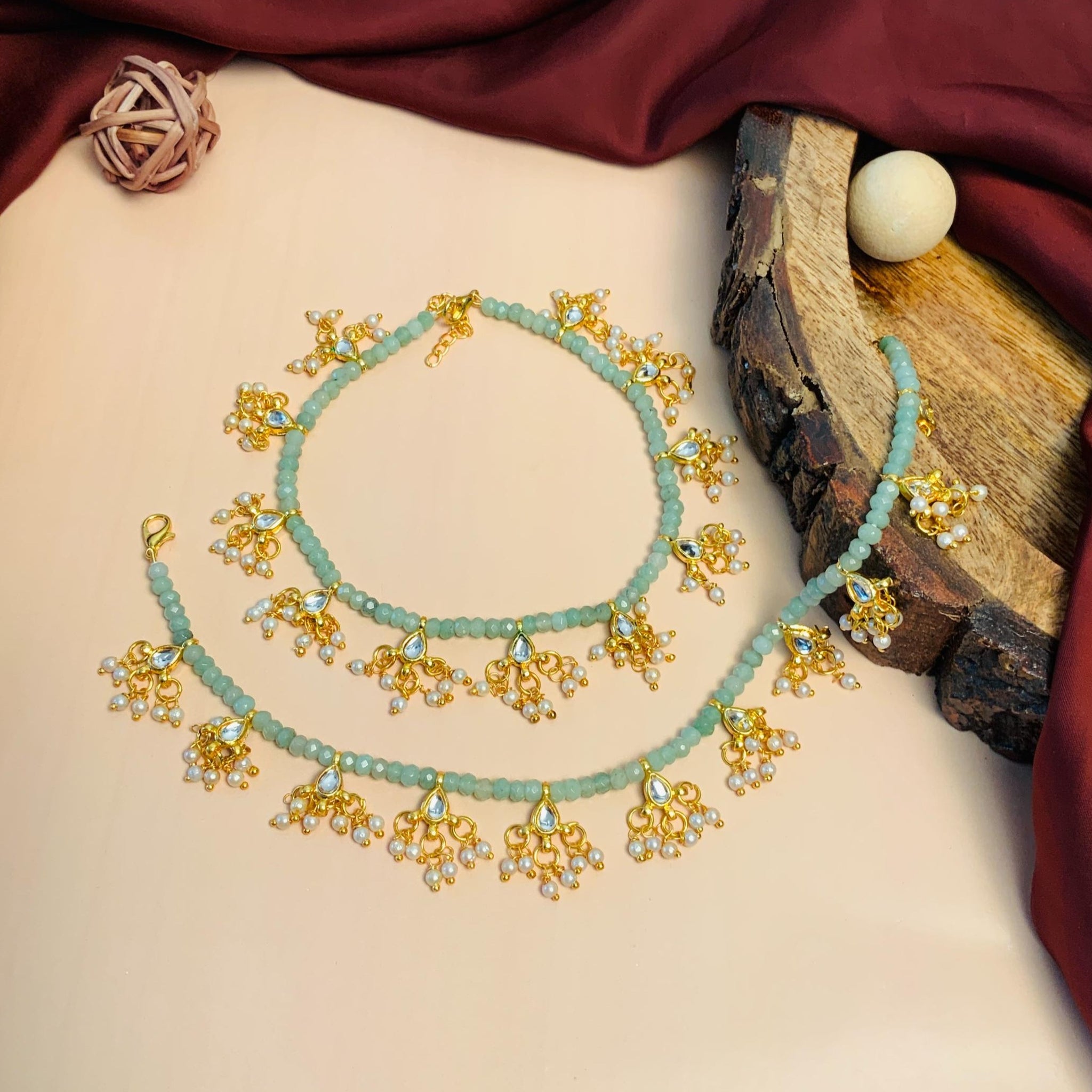 Hand Crafted Pachi Kundan Gold Plated Crystal Beads Anklet - Abdesignsjewellery