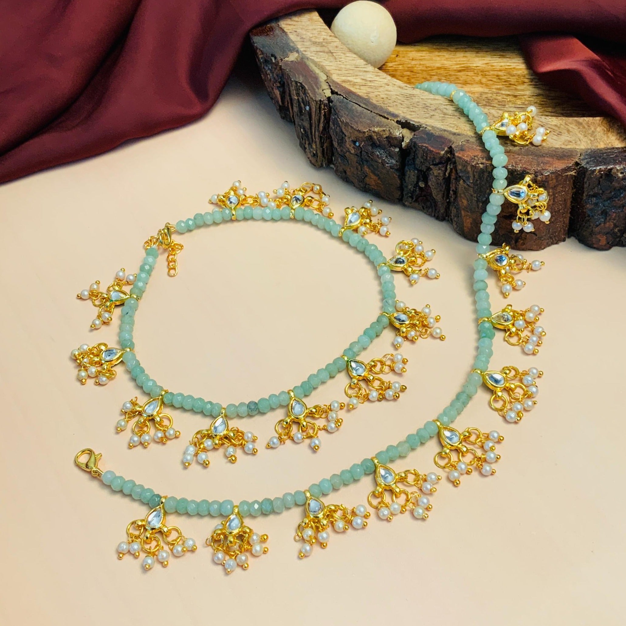Hand Crafted Pachi Kundan Gold Plated Crystal Beads Anklet - Abdesignsjewellery