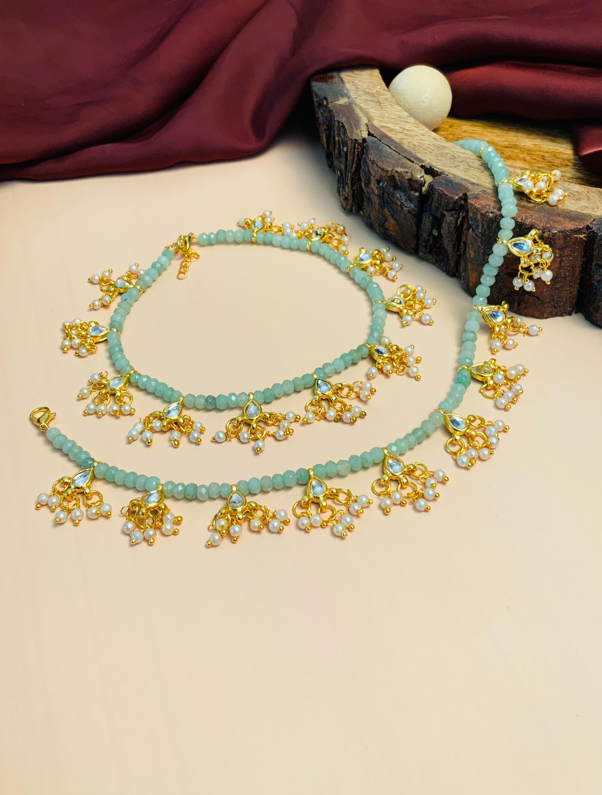 Hand Crafted Pachi Kundan Gold Plated Crystal Beads Anklet - Abdesignsjewellery