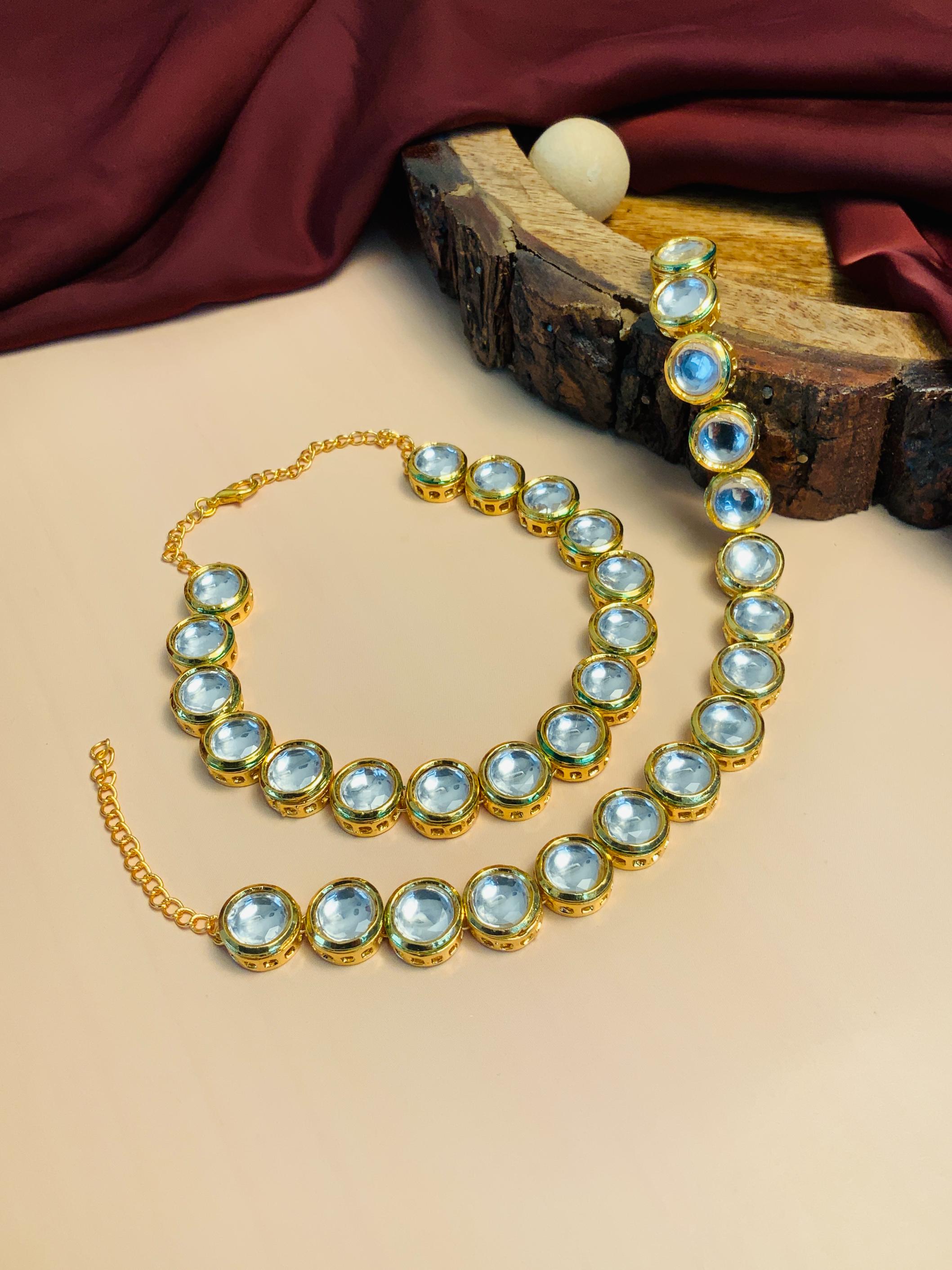 Gold Plated Round Kundan Studded Anklet - Abdesignsjewellery