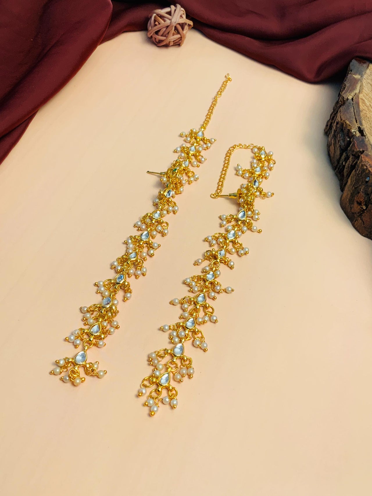 Exquisite Pachi Kundan Gold Plated Ear Chain With Pearls