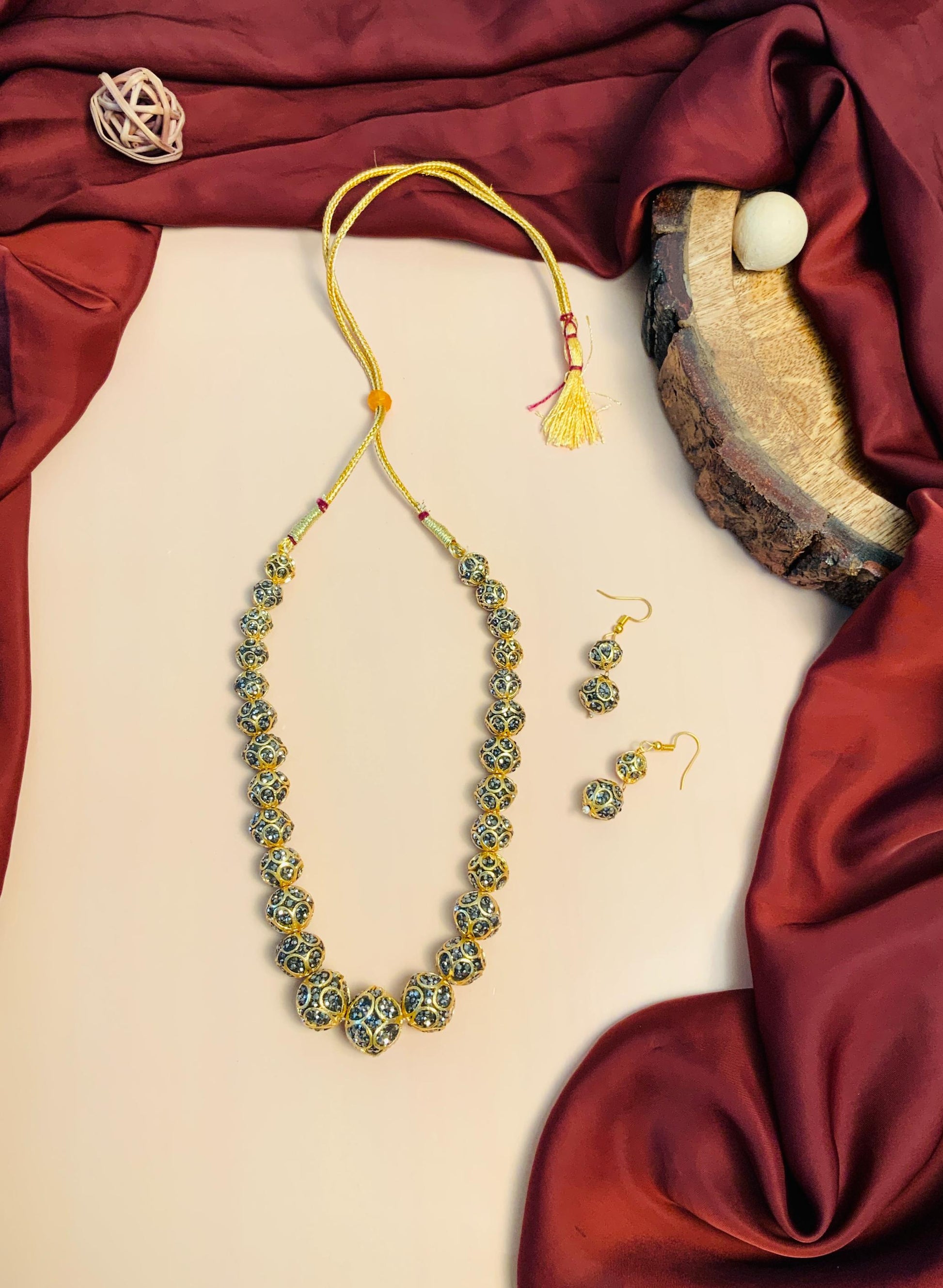 Glamorous Women Gold Metallic Toned Handcrafted Ball Design Crystal Mala - Abdesignsjewellery