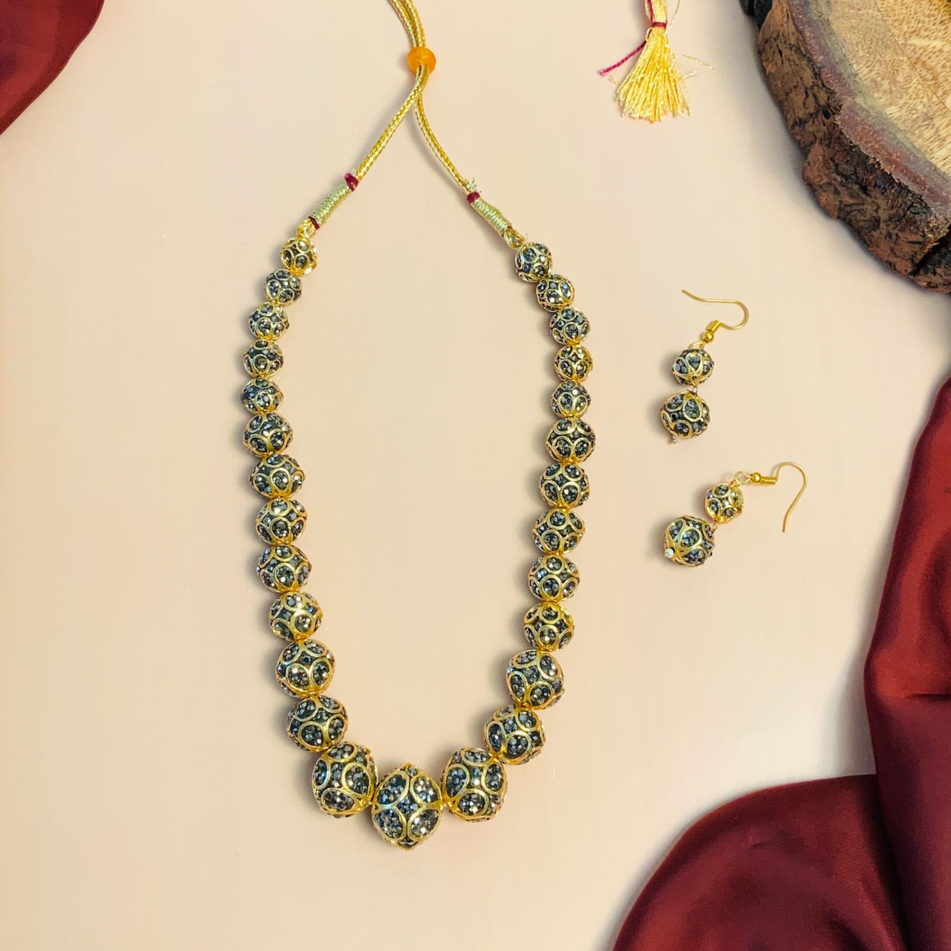 Glamorous Women Gold Metallic Toned Handcrafted Ball Design Crystal Mala - Abdesignsjewellery