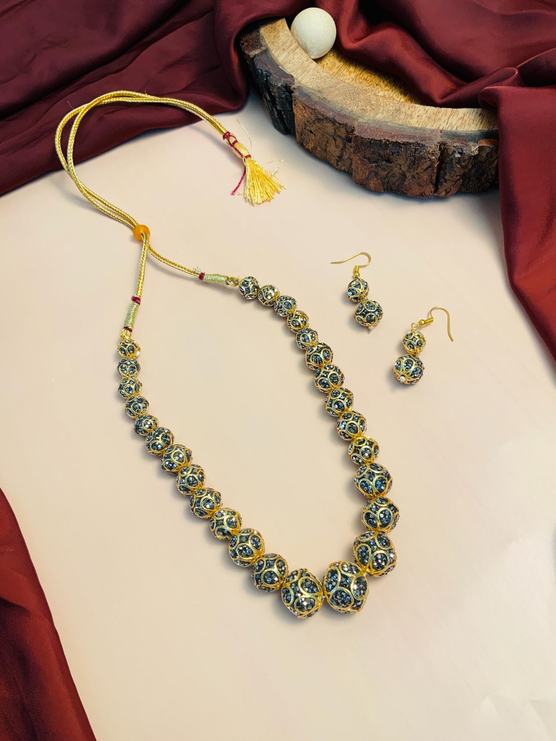 Glamorous Women Gold Metallic Toned Handcrafted Ball Design Crystal Mala - Abdesignsjewellery