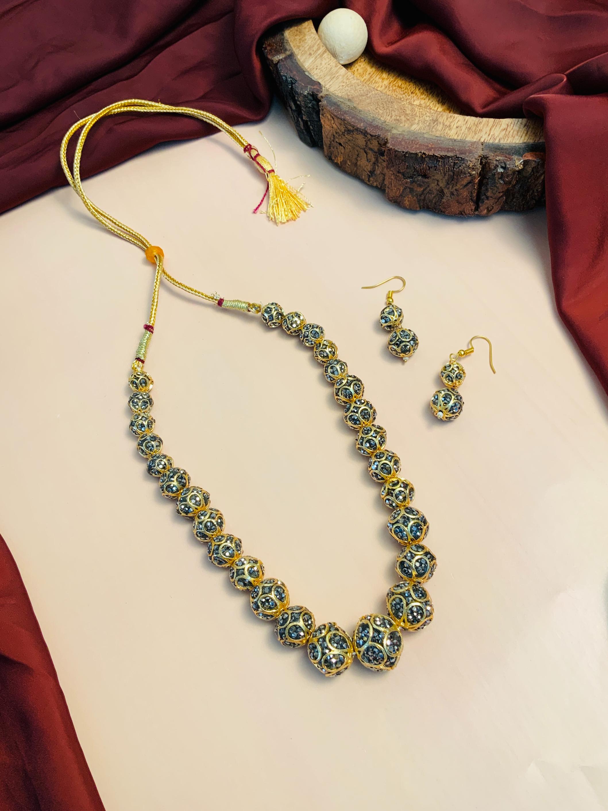 Glamorous Women Gold Metallic Toned Handcrafted Ball Design Crystal Mala - Abdesignsjewellery