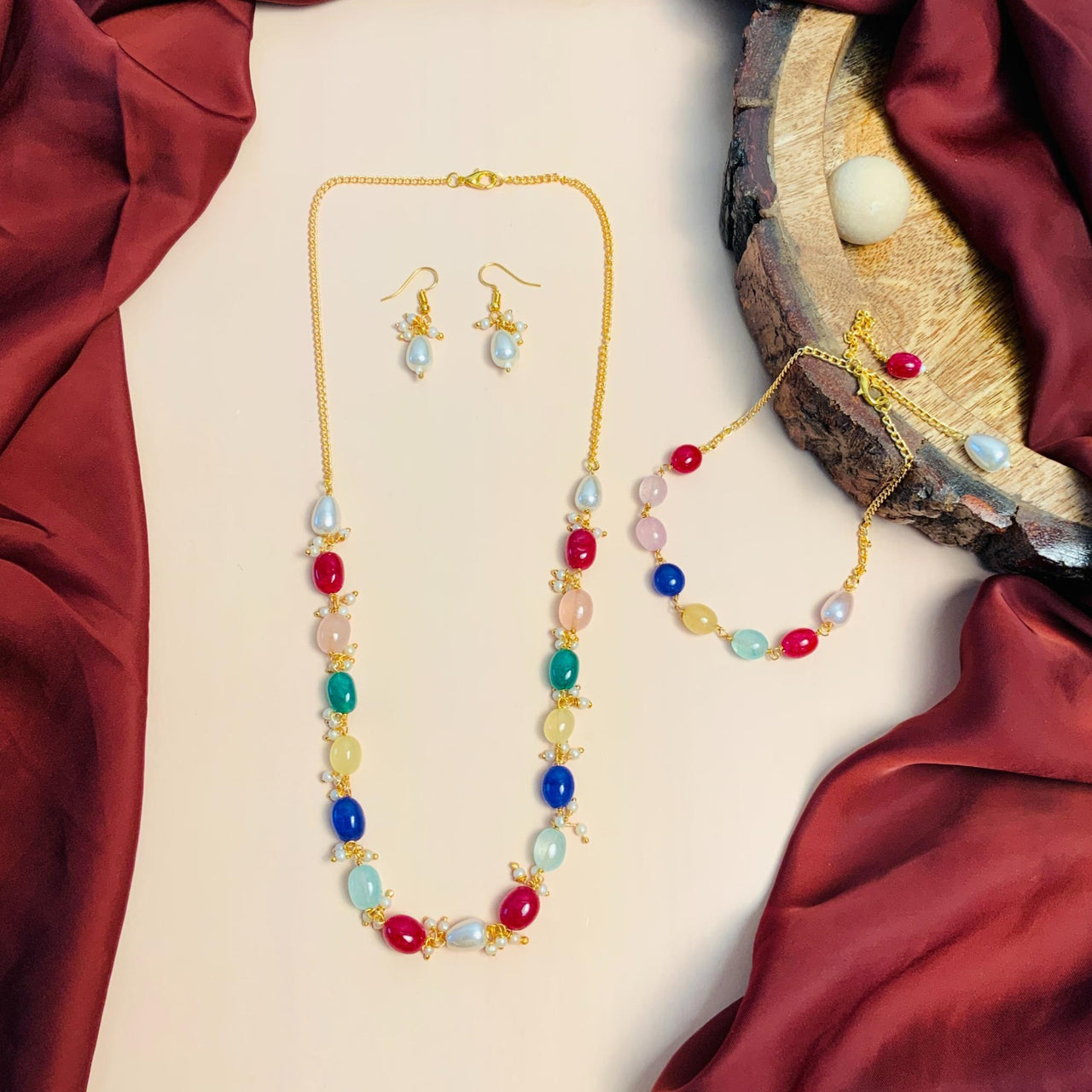Vibrant Multicolour Beads Necklace,Bracelet & Earrings Combo