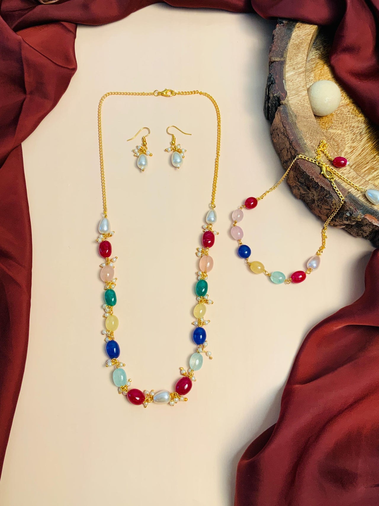 Vibrant Multicolour Beads Necklace,Bracelet & Earrings Combo