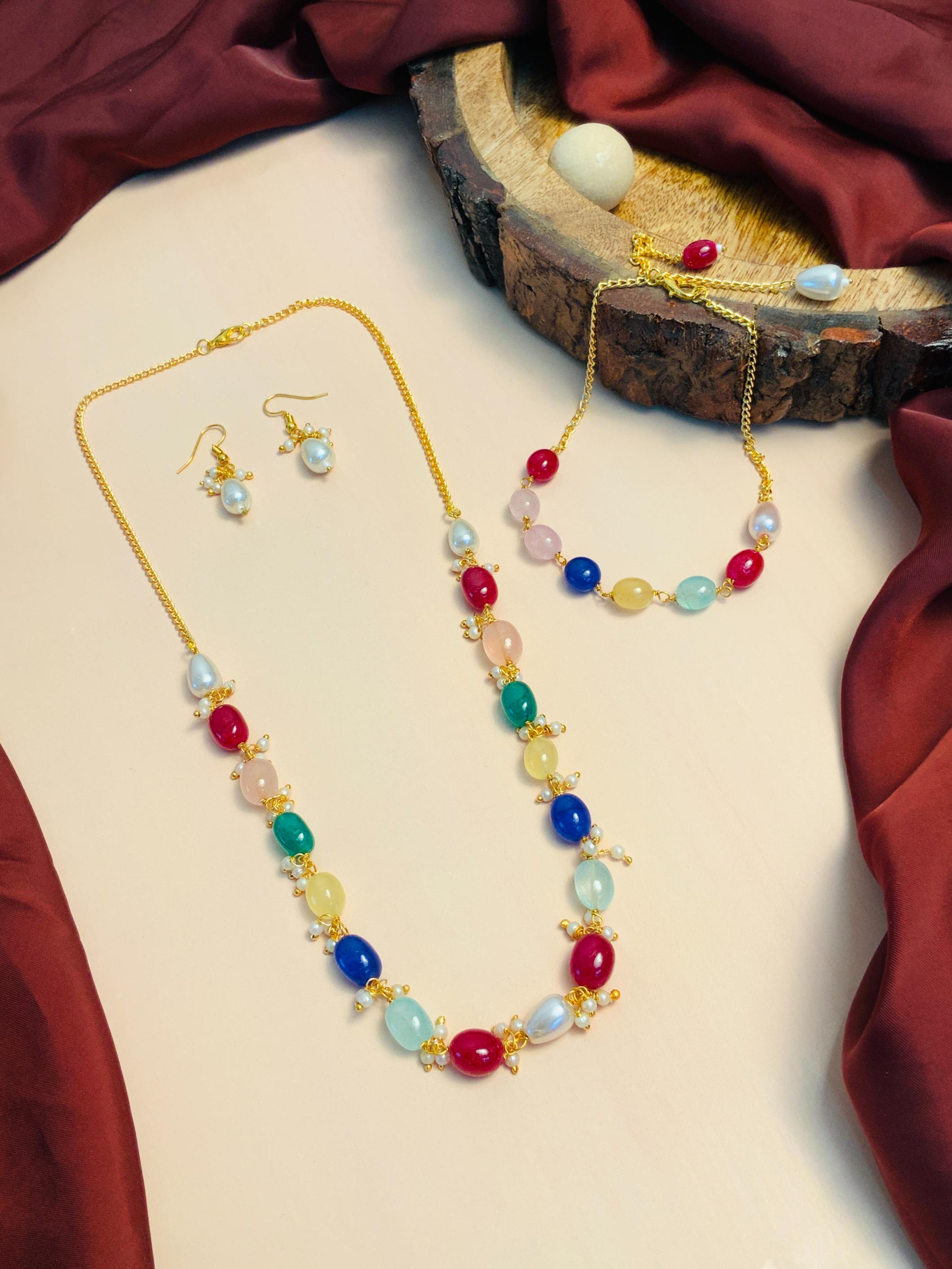 Vibrant Multicolour Beads Necklace,Bracelet & Earrings Combo