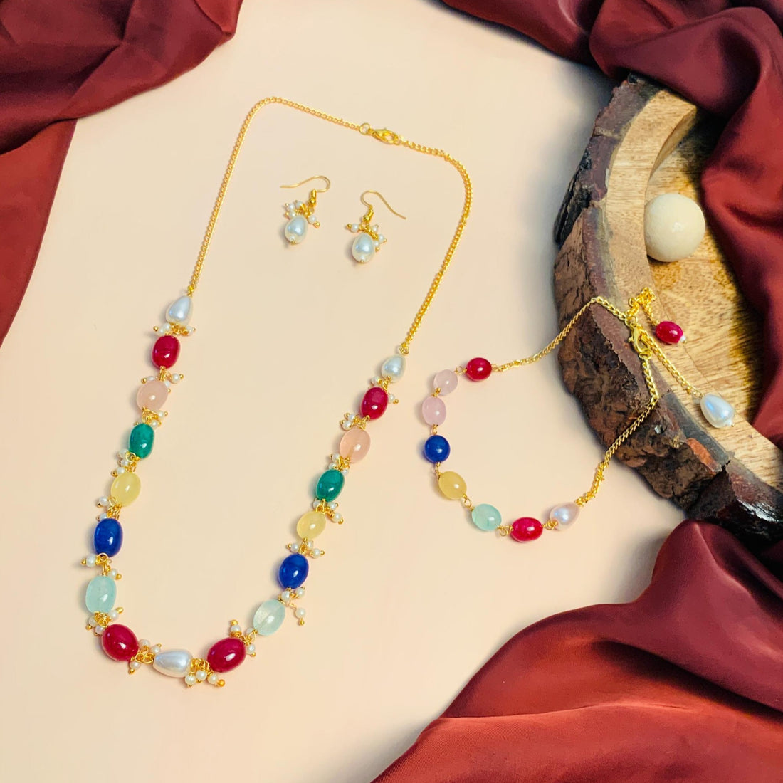 Vibrant Multicolour Beads Necklace,Bracelet & Earrings Combo