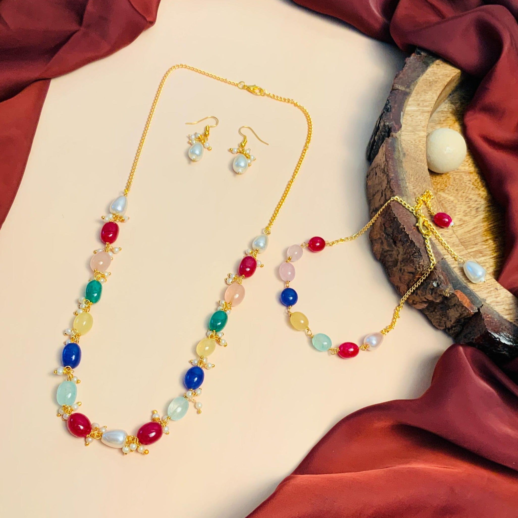Vibrant Multicolour Beads Necklace,Bracelet & Earrings Combo
