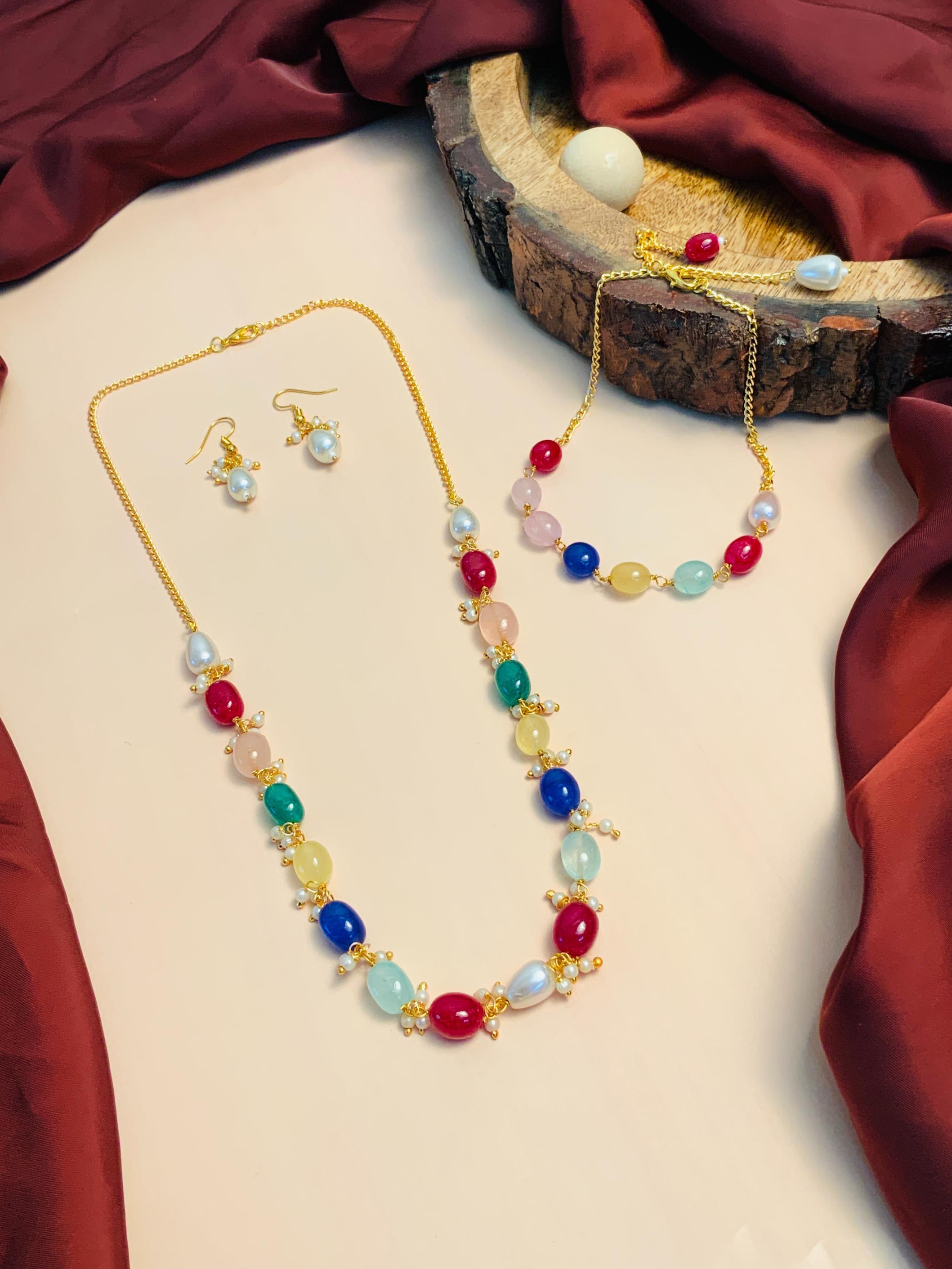 Vibrant Multicolour Beads Necklace,Bracelet & Earrings Combo