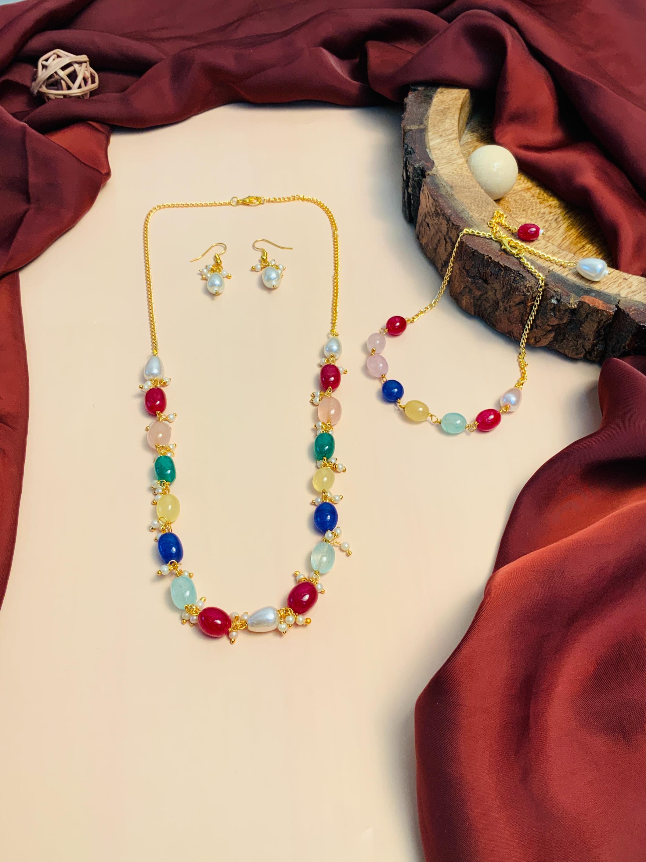 Vibrant Multicolour Beads Necklace,Bracelet & Earrings Combo