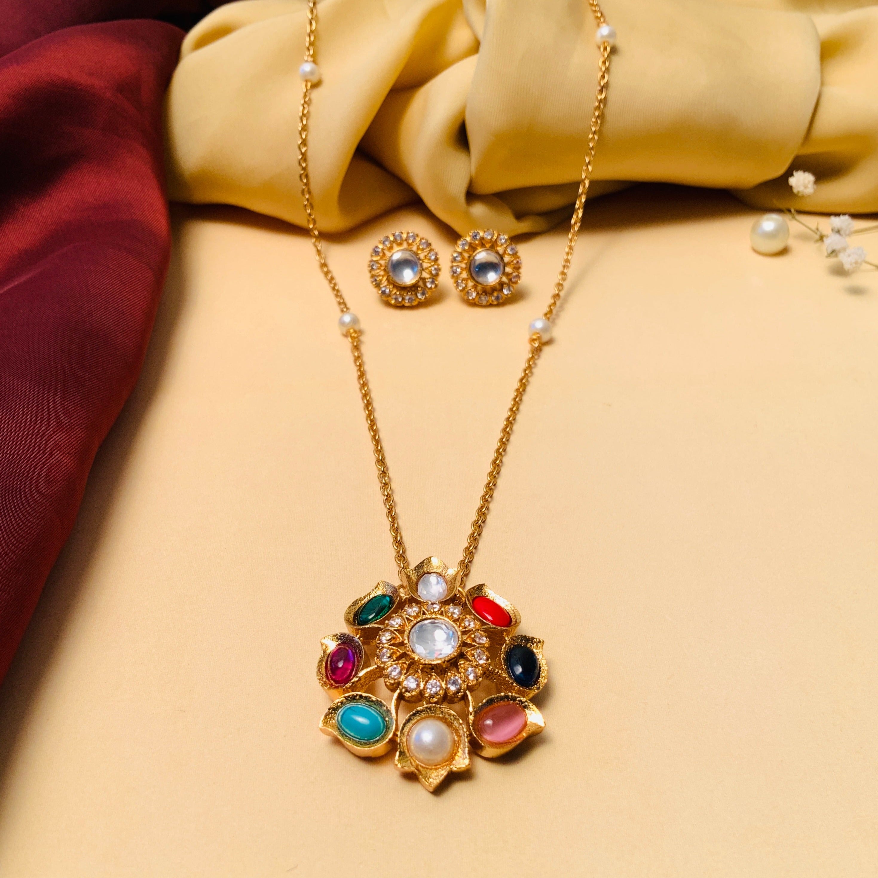 High Quality Navratna Stone Pendant and Chain