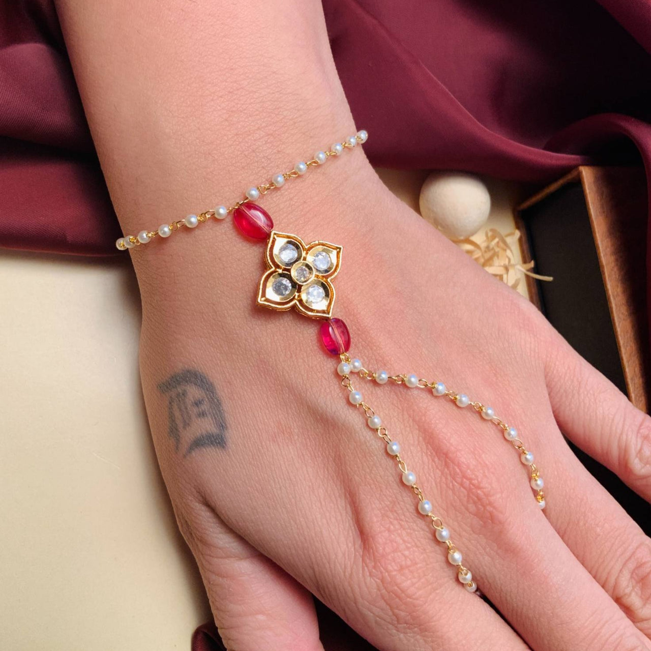 Charming Gold Plated Polki Hand Bracelet - Abdesignsjewellery