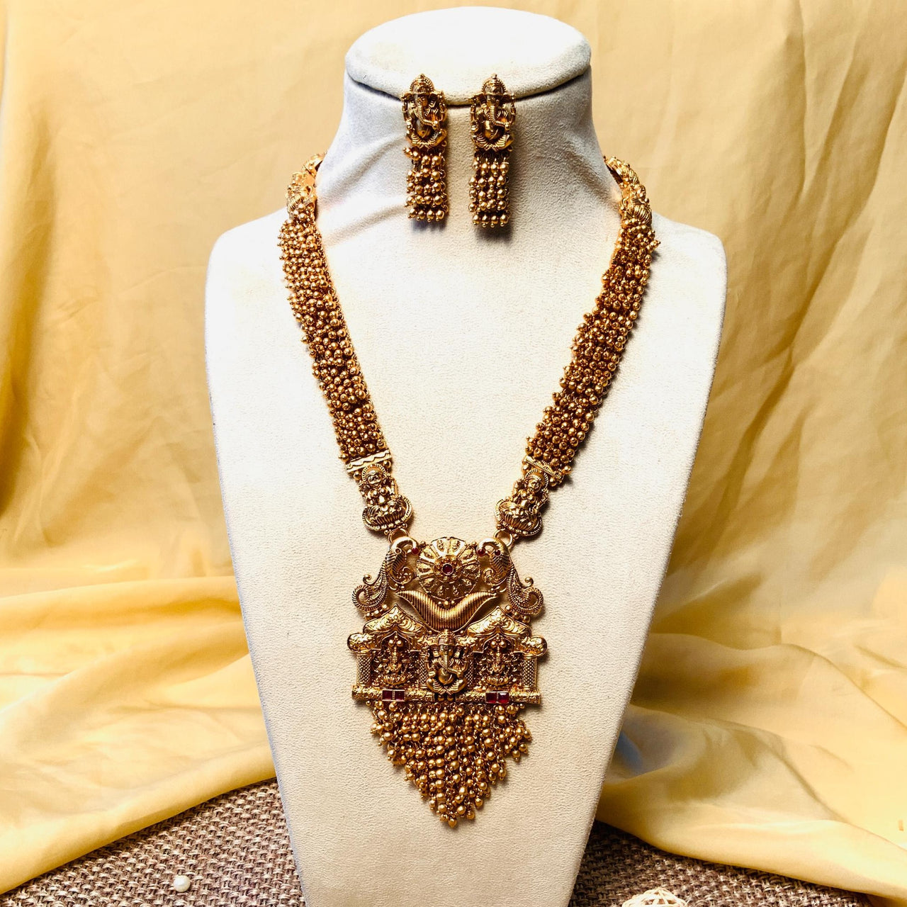 Elegant Lord Ganesha Temple Design Matt Gold Necklace - Abdesignsjewellery