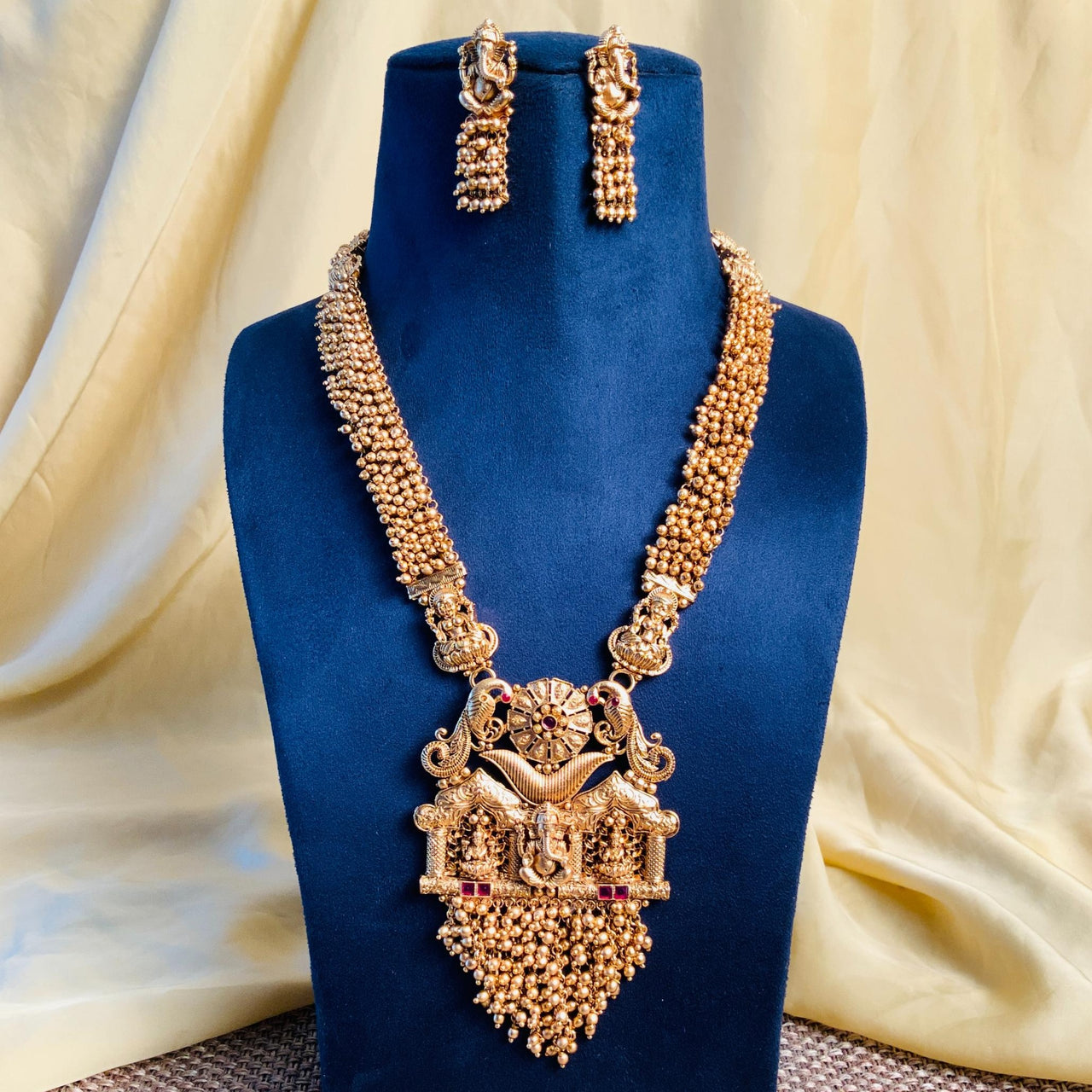 Elegant Lord Ganesha Temple Design Matt Gold Necklace - Abdesignsjewellery