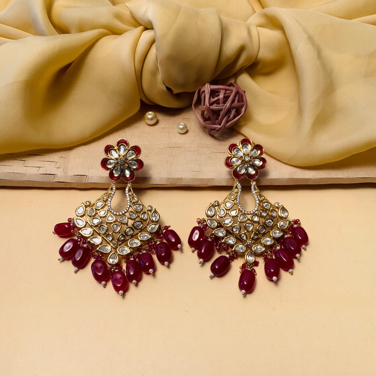 Elegant Kundan Red Chandbali Gold Plated Earring - Abdesignsjewellery