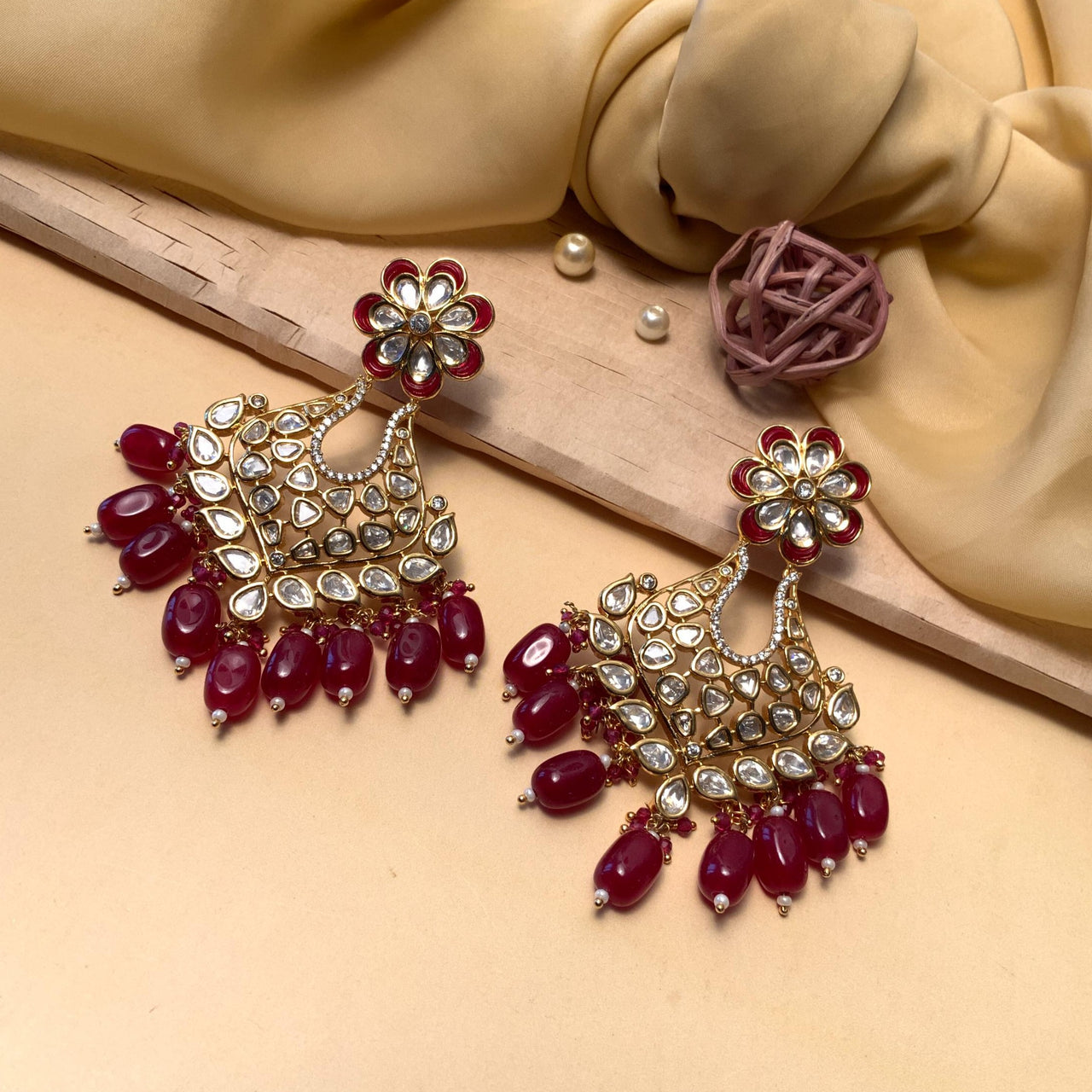 Elegant Kundan Red Chandbali Gold Plated Earring