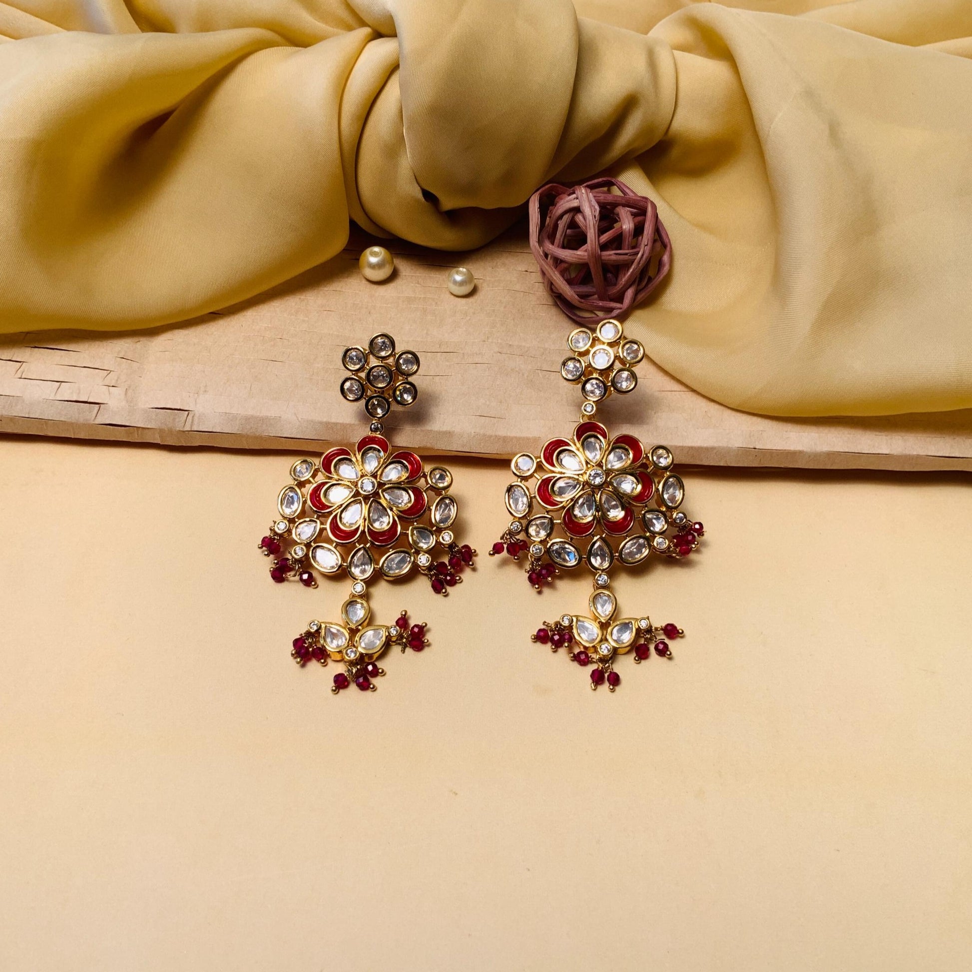 Beautiful Red Beads Gold Plated Kundan Earring - Abdesignsjewellery