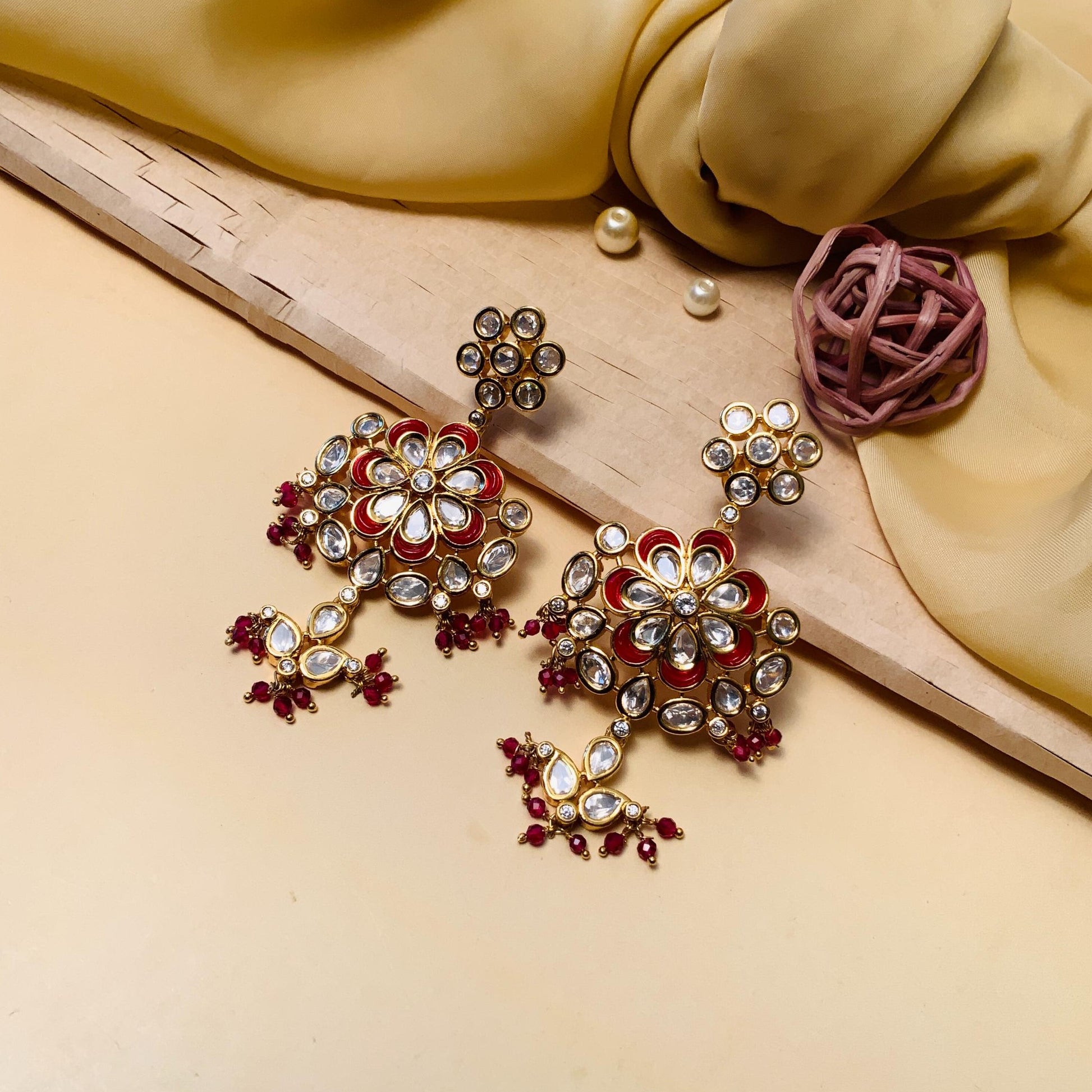 Beautiful Red Beads Gold Plated Kundan Earring - Abdesignsjewellery