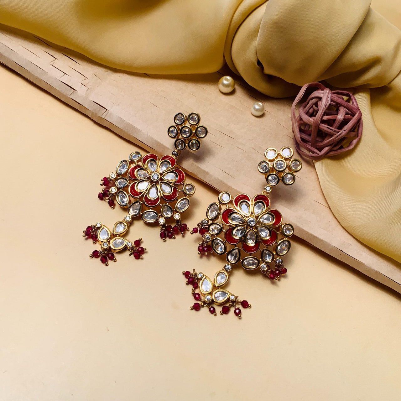 Beautiful Red Beads Gold Plated Kundan Earring