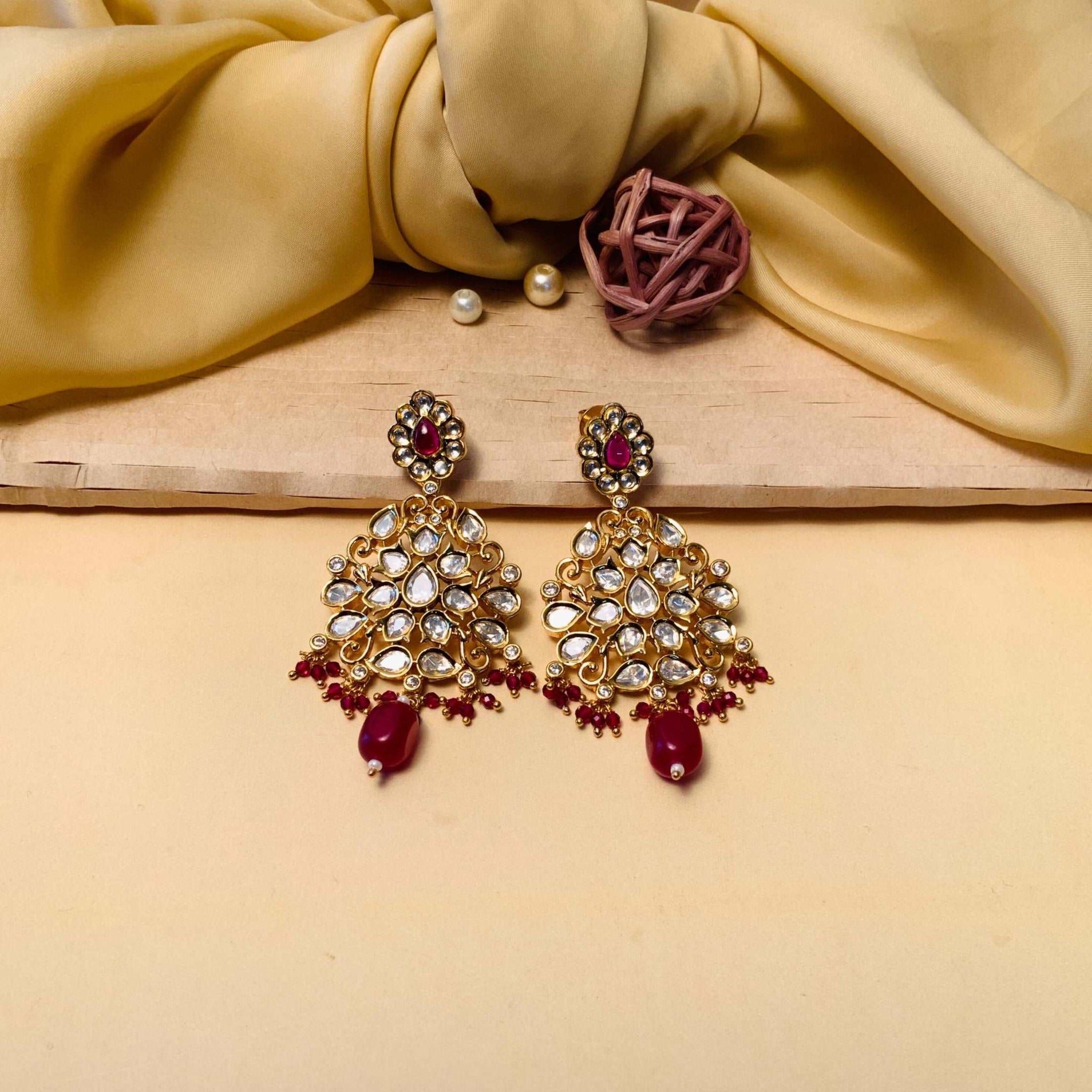 Aesthetic Gold Plated Red Stone Dangler Earrings - Abdesignsjewellery