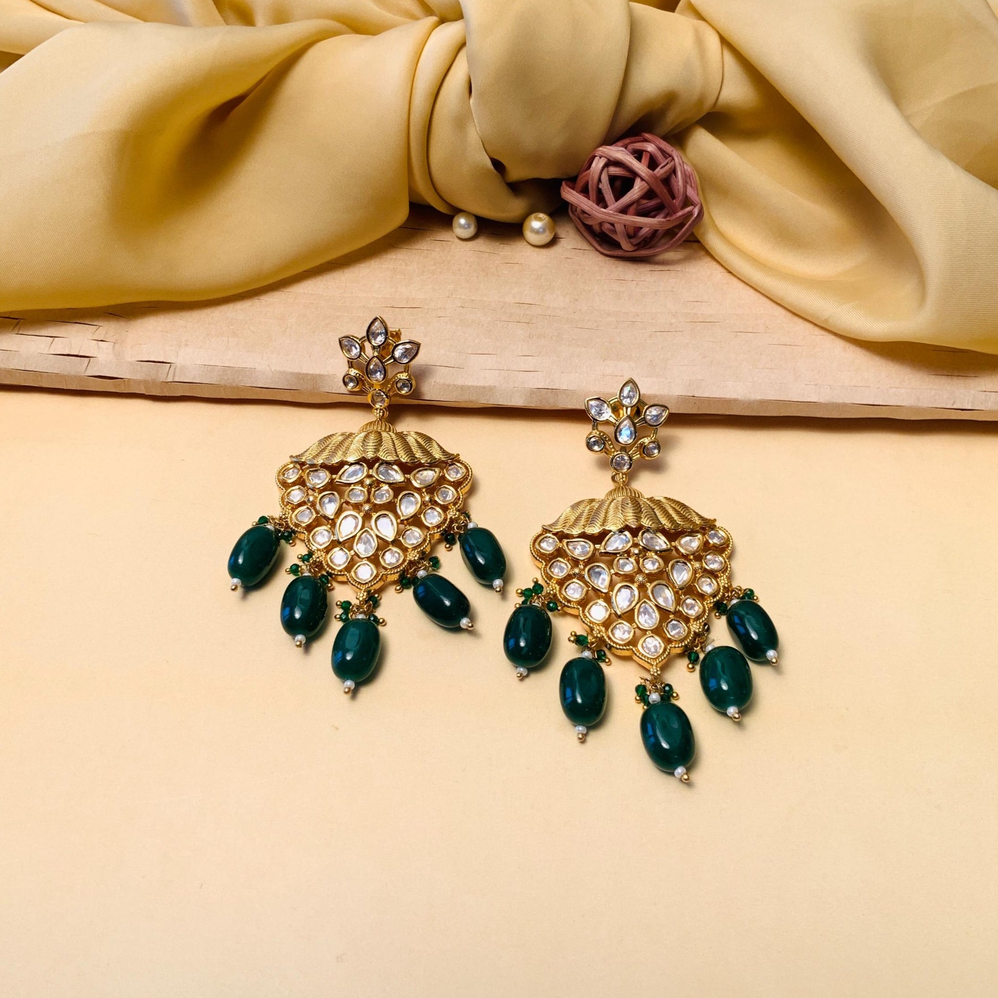 Elegant Gold Plated Emerald Green Kundan Earring - Abdesignsjewellery
