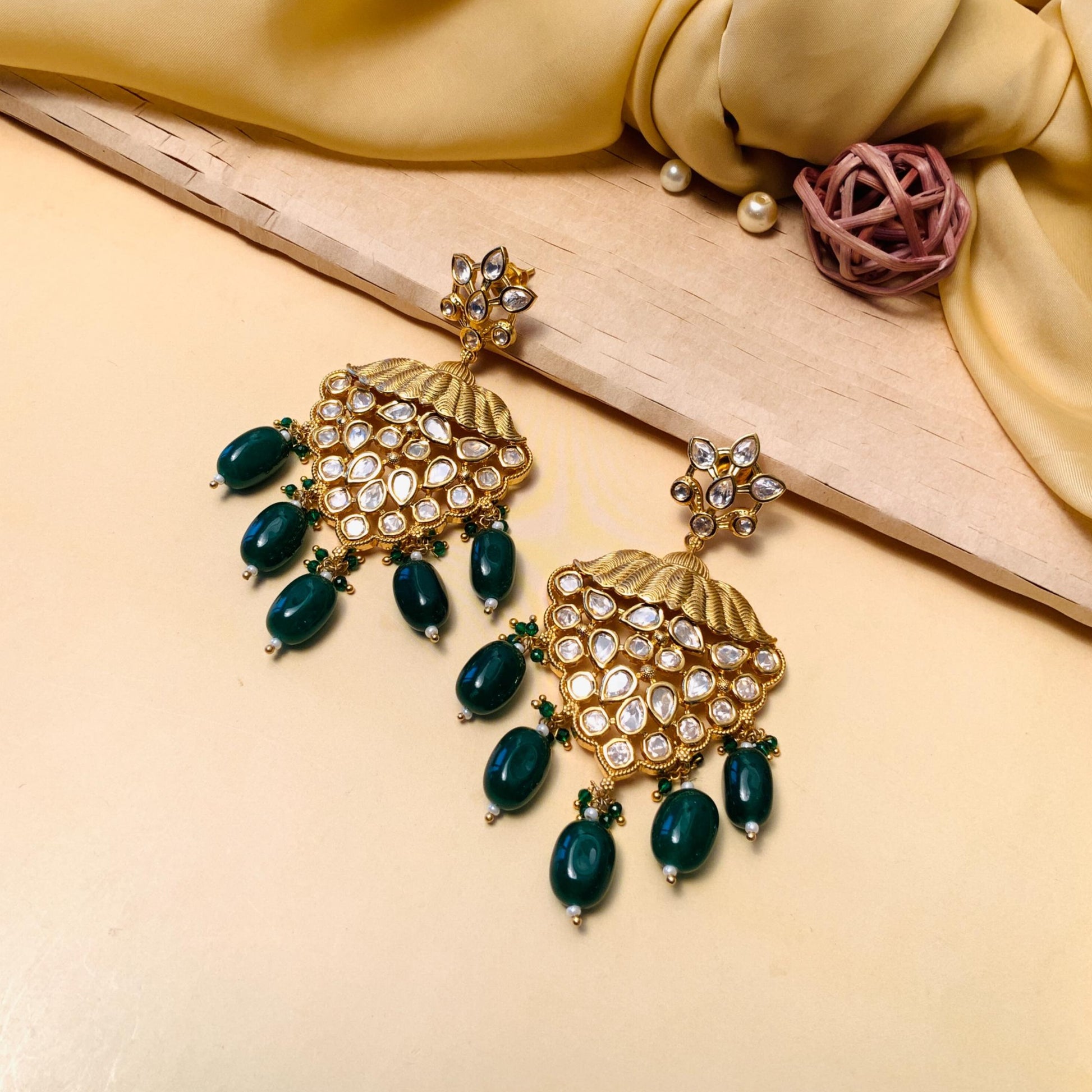 Elegant Gold Plated Emerald Green Kundan Earring - Abdesignsjewellery