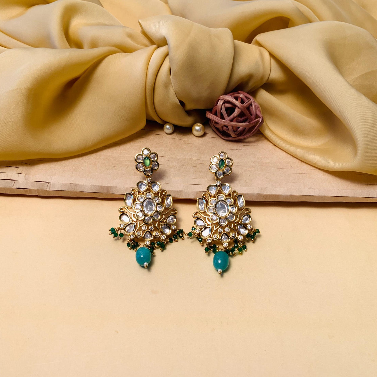 Beautiful Gold Plated Green Kundan Dangle Earring