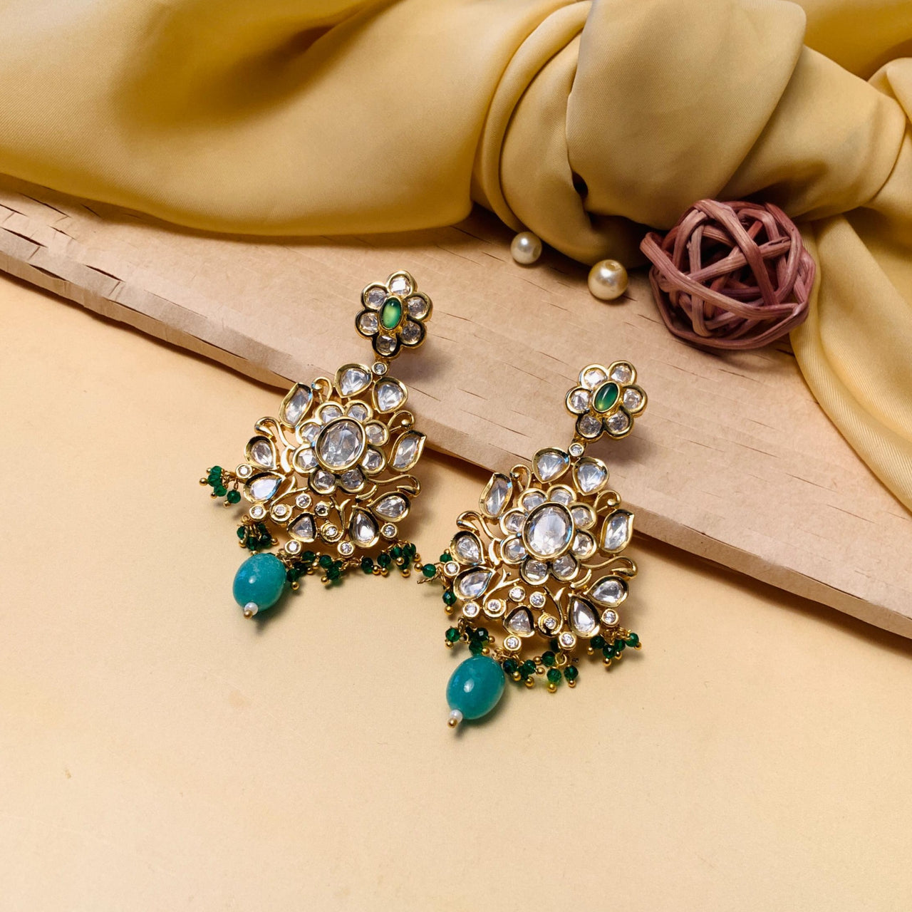 Beautiful Gold Plated Green Kundan Dangle Earring