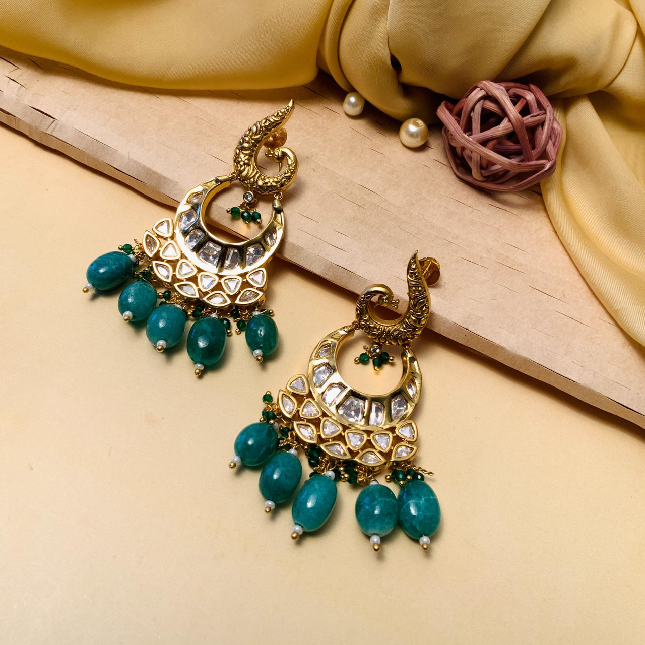 Traditional Peacock Kundan Gold Plated Chandbali Dangler Earring