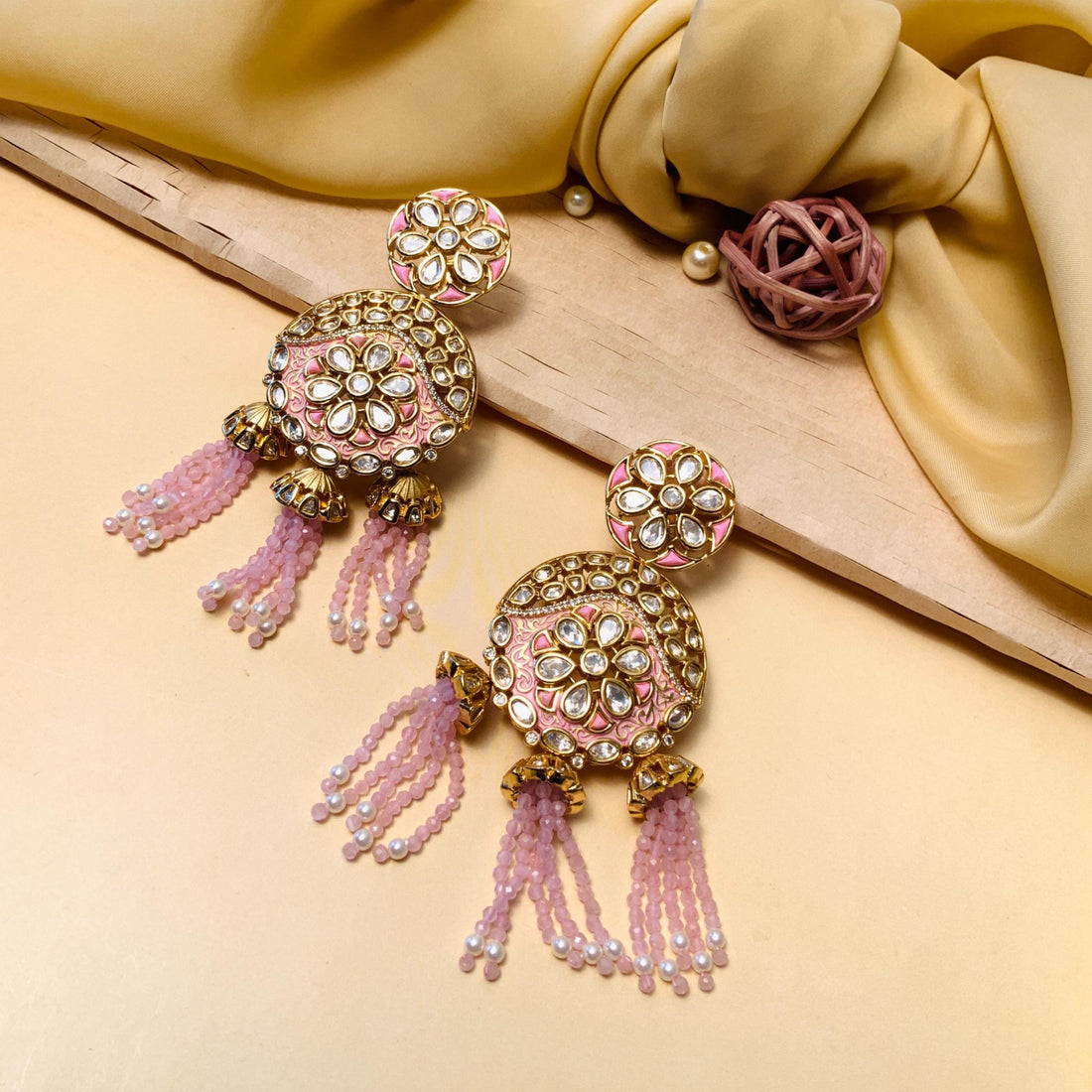 Gold Plated Meenakari & Kundan Beaded Chain Drop Earrings - Abdesignsjewellery