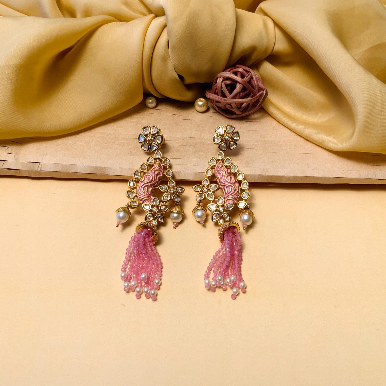 Elegant Gold Plated Meenakari & Kundan Cluster Beaded  Drop Earrings