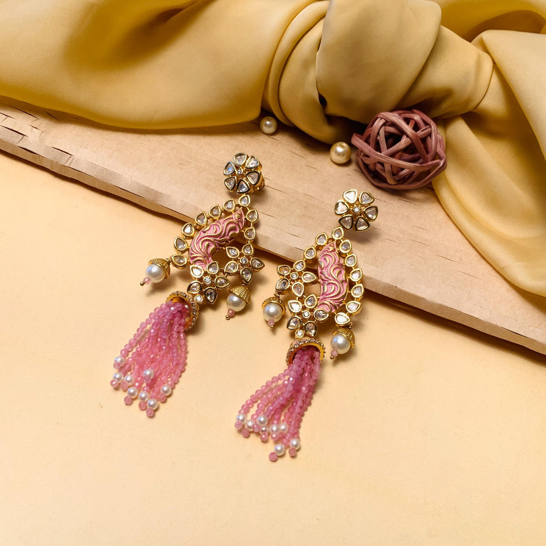 Elegant Gold Plated Meenakari & Kundan Cluster Beaded Drop Earrings - Abdesignsjewellery