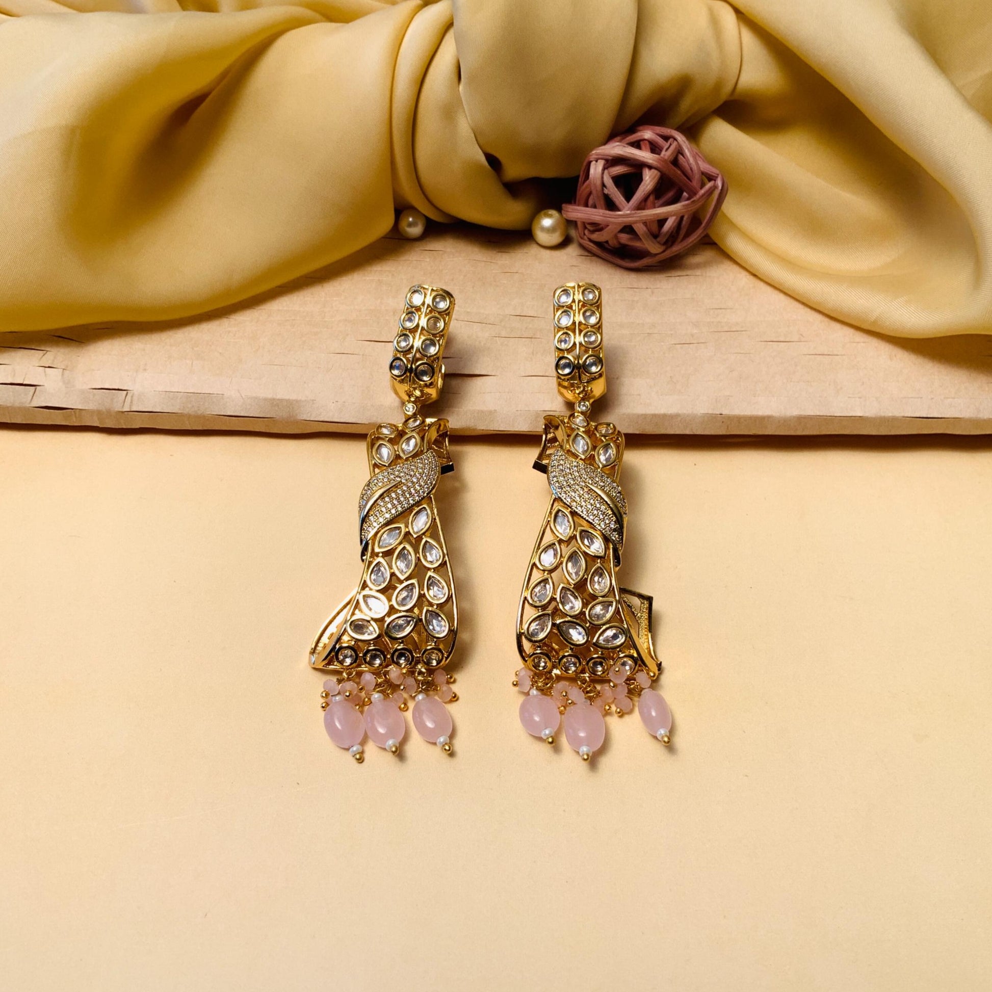 Gold Finish Light Pink Drops Kundan Earrings - Abdesignsjewellery