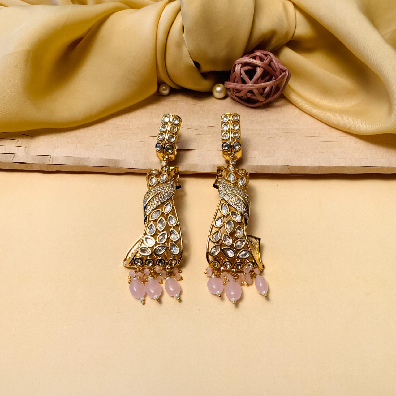 Gold Finish Light Pink Drops Kundan Earrings