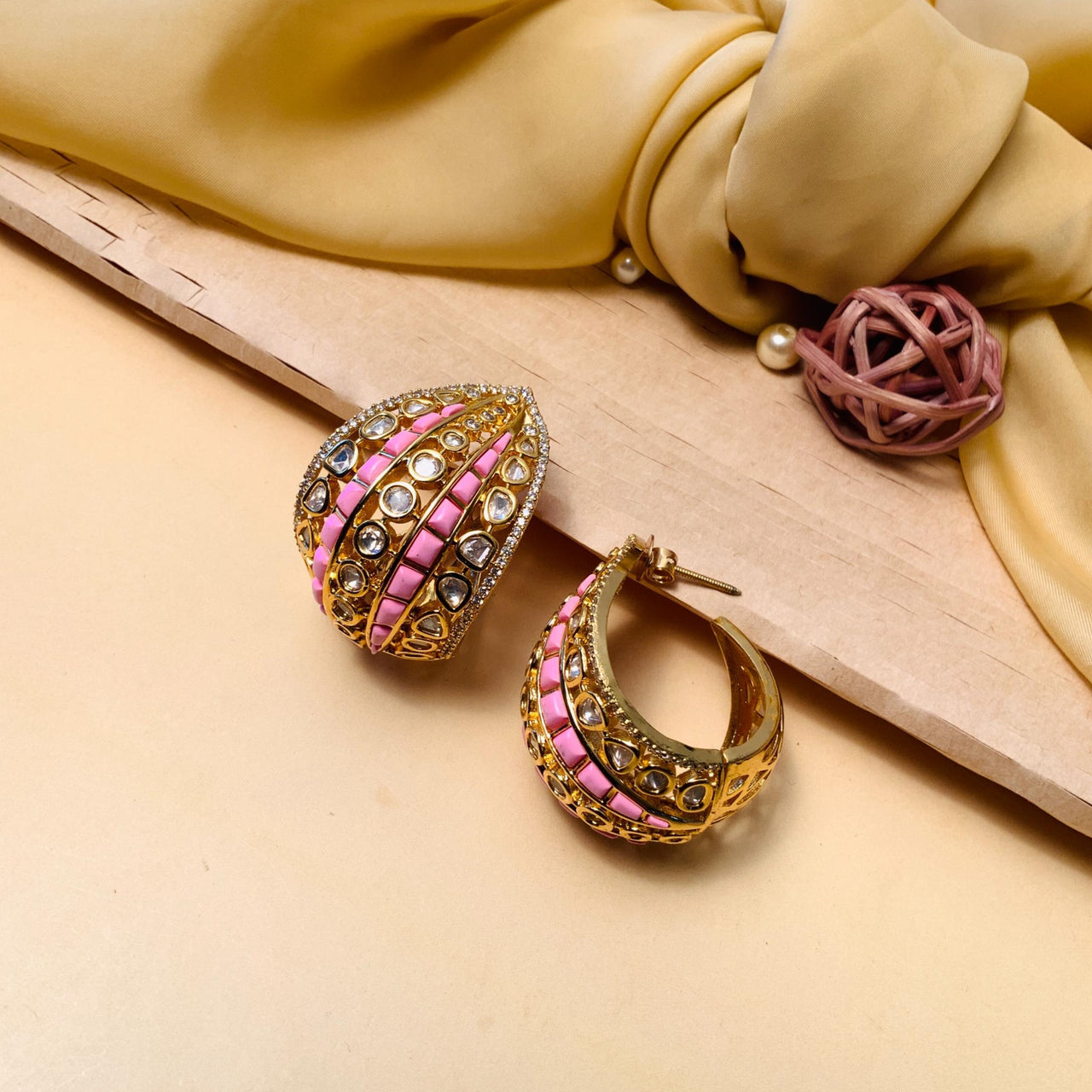 Elegant Gold Finish Light Pink Kundan Earring